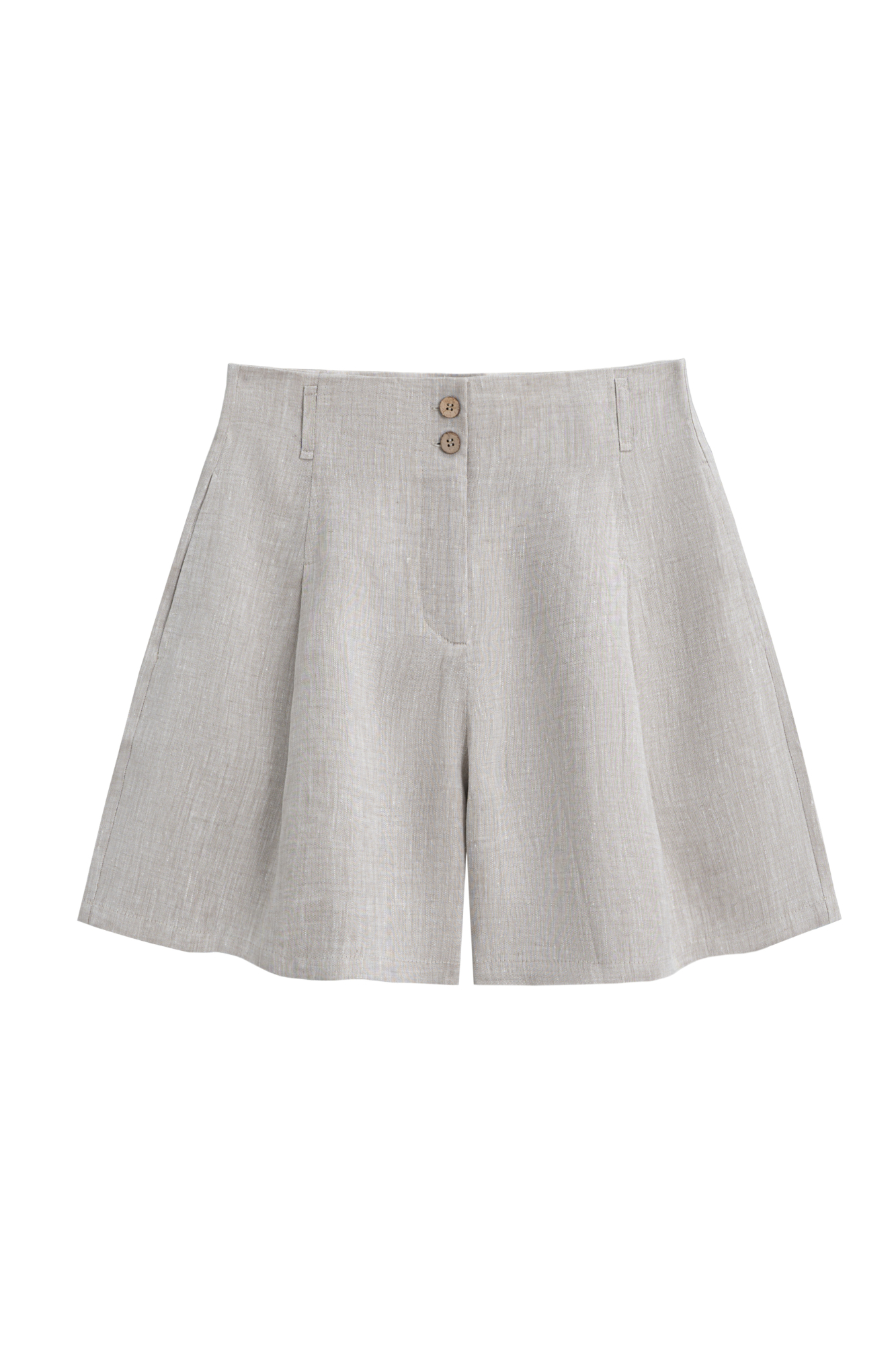 Шорты из 100% льна с высокой посадкой. Модель прямого кроя с защипами и боковыми карманами. Шлевки на поясе для ремня. Застежка на молнию и две пуговицы.