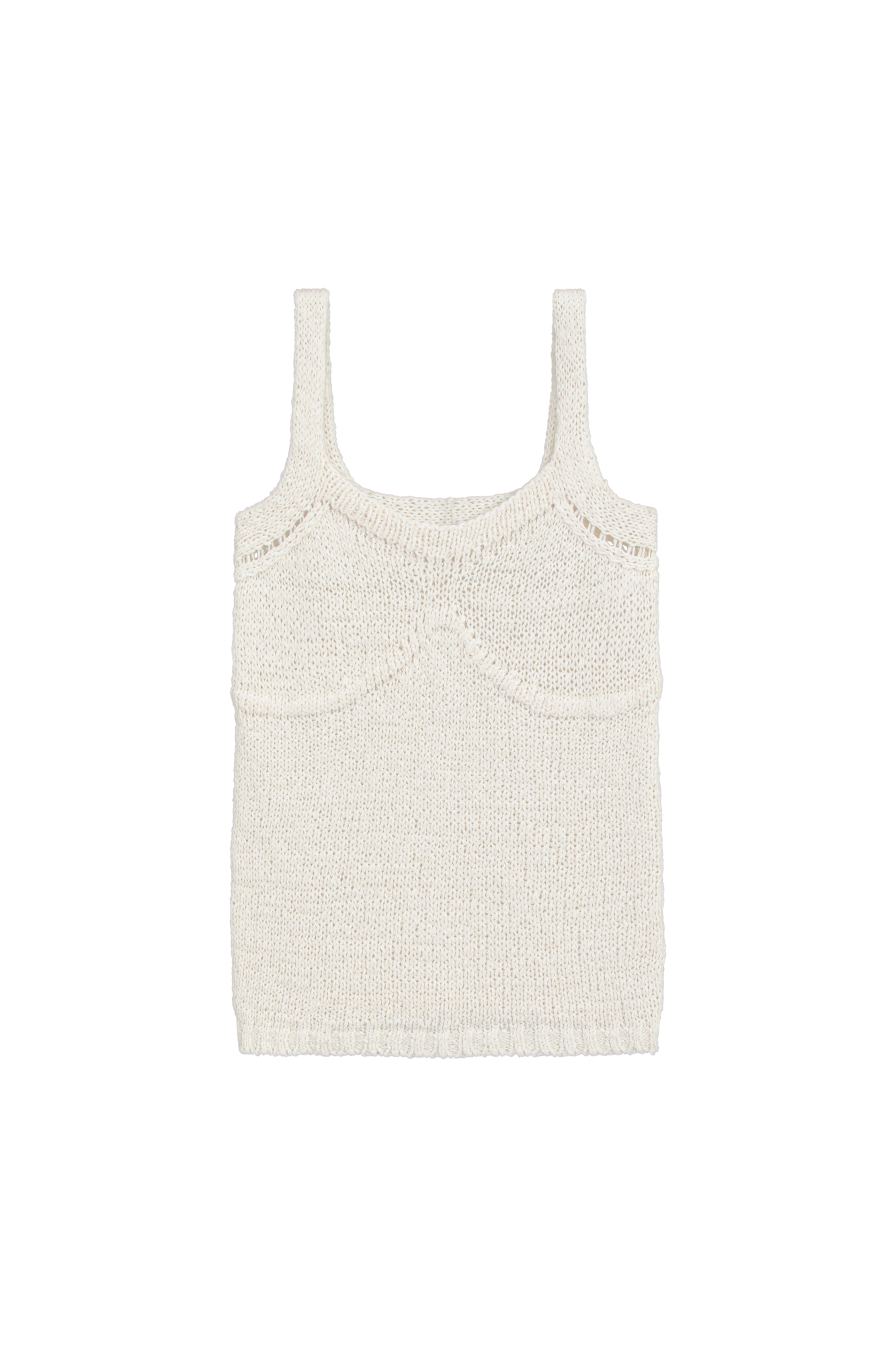 Трикотажный топ из хлопка с добавлением акрила. Модель на тонких бретелях с вывязанным лифом.