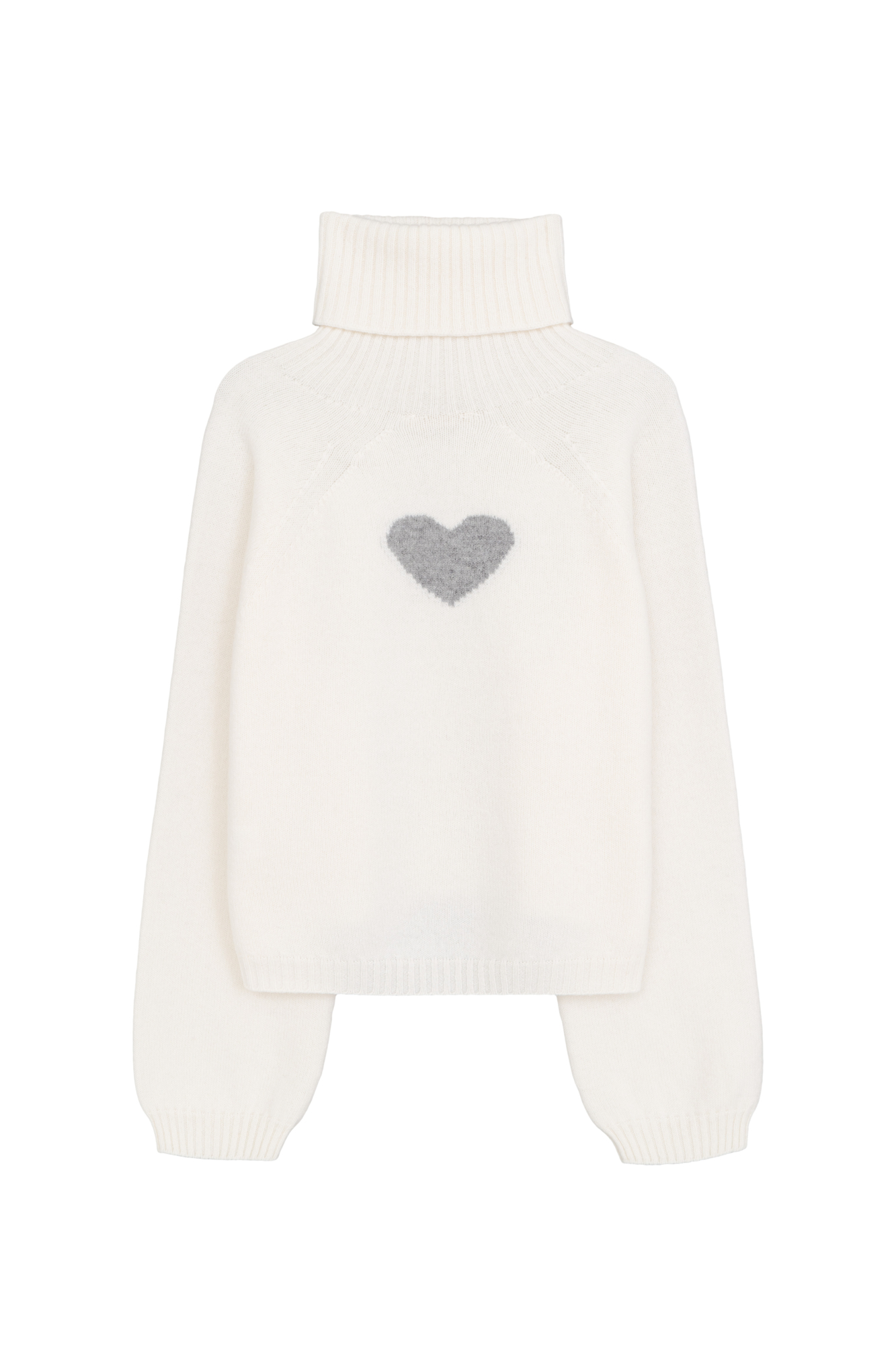 Трикотажный джемпер из шерсти с добавлением кашемира. Модель с высоким воротником в рубчик, спущенной линией плеча и жаккардовым рисунком в виде сердца на спине.