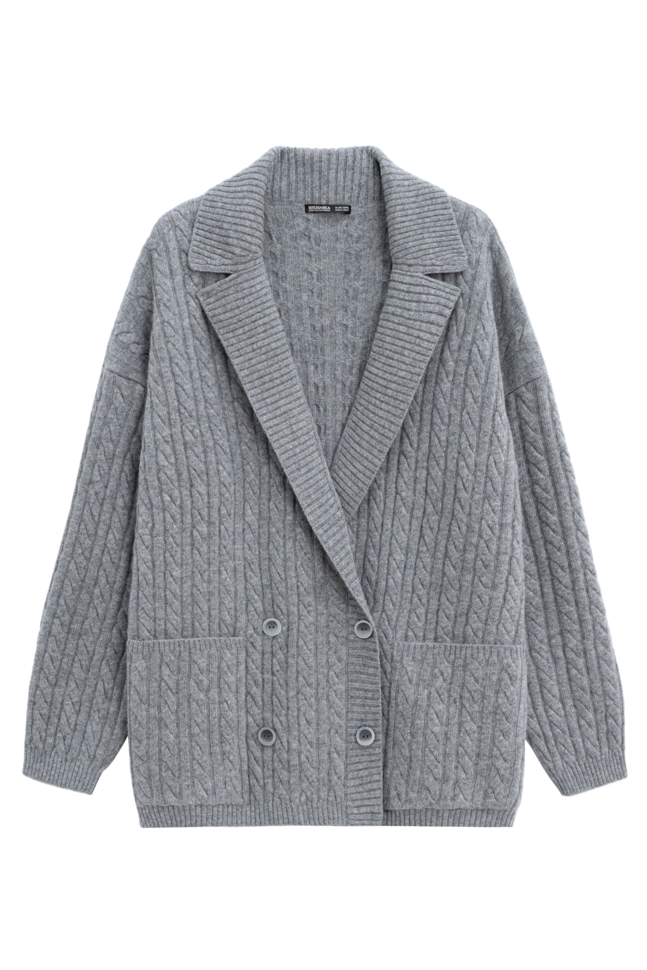 Трикотажный кардиган из кашемира и шерсти. Модель с отложным воротником и большими накладными карманами. Края изделия выполнены в широкий рубчик.