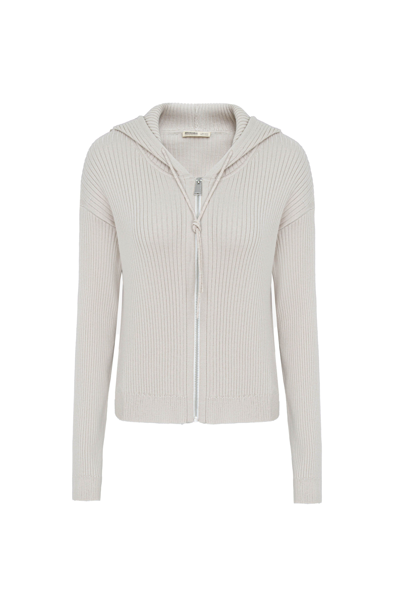 Трикотажный бомбер в рубчик. Модель приталенного силуэта, с длинными рукавами, спущенной линией плеч и капюшоном на кулиске. Застежка на молнию.