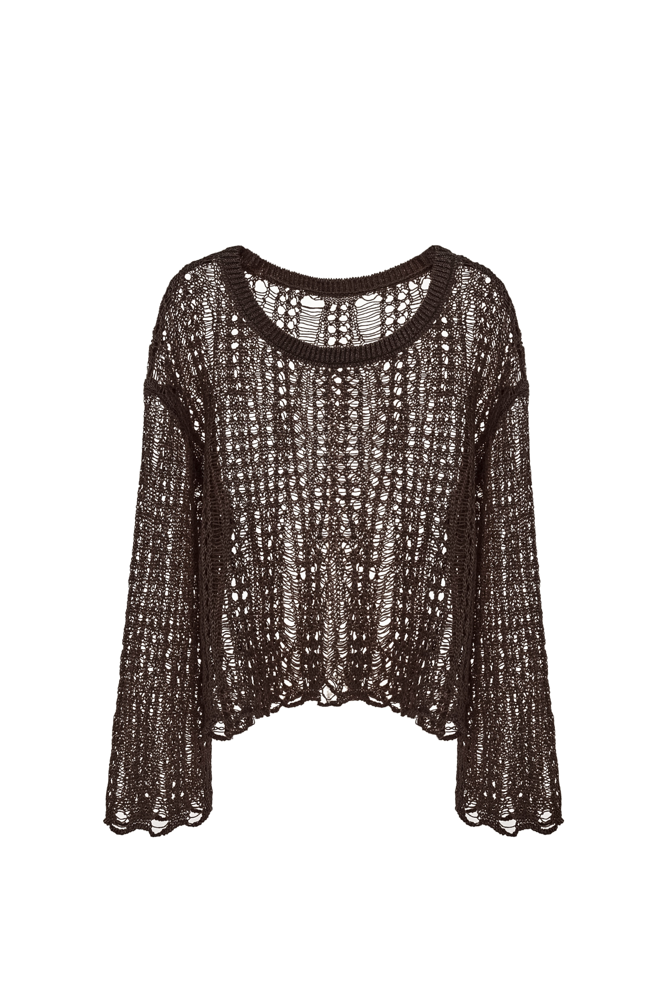 Полупрозрачный ажурный джемпер. Модель свободного силуэта со спущенной линией плеча. Дополнить образ можно юбкой в таком же стиле.