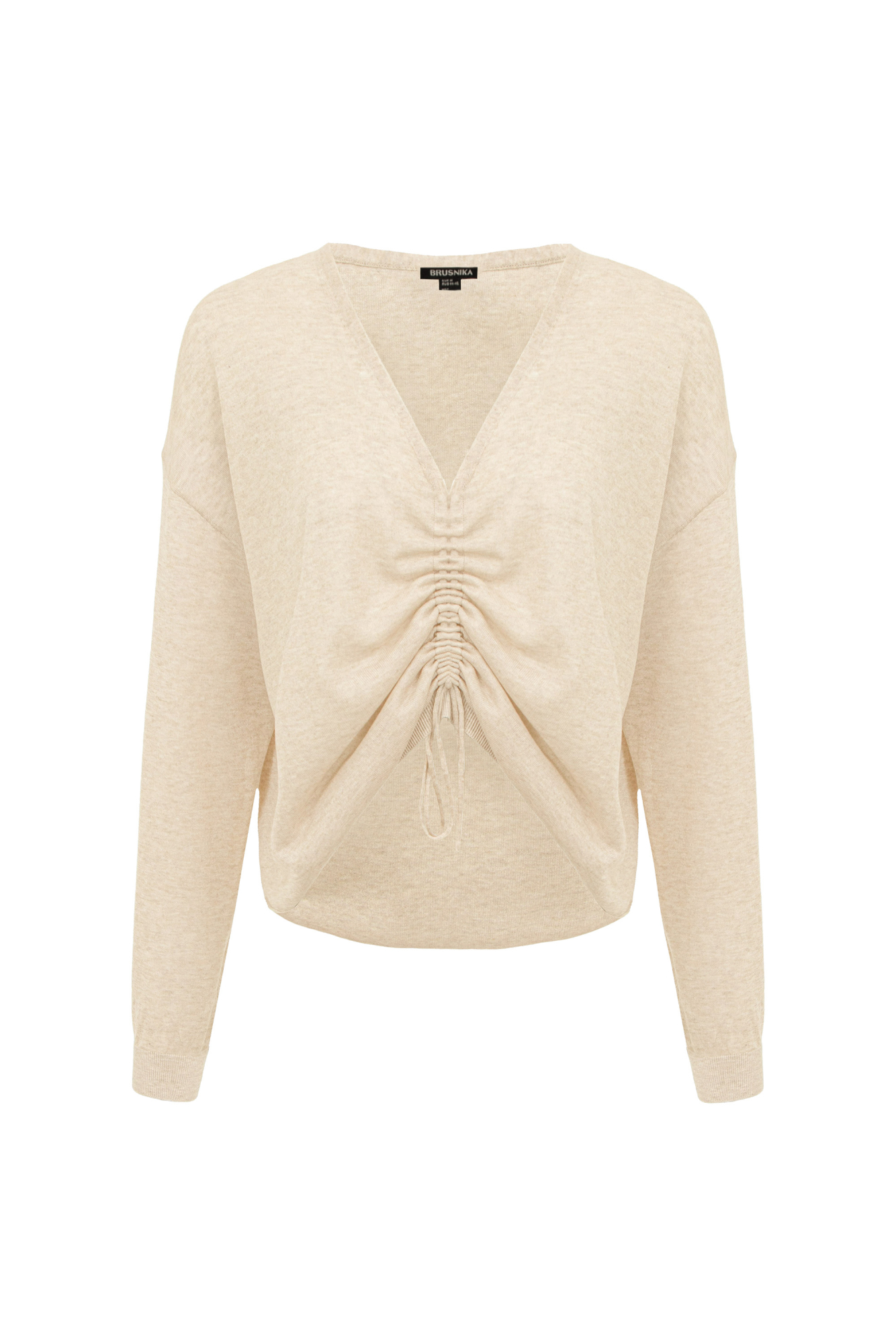 Полупрозрачный топ из тонкой вискозы. Модель свободного силуэта, с длинными рукавами и V-вырезом на кулиске.