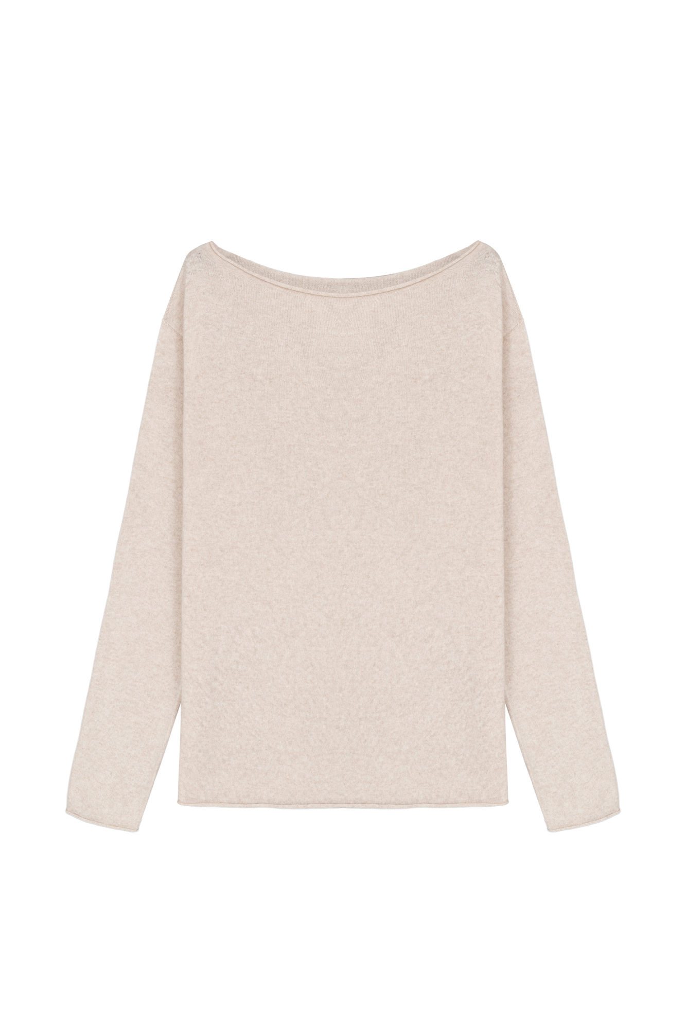 Трикотажный джемпер с закрученными краями из шерсти с добавлением кашемира. Модель свободного силуэта со спущенной линией плеча.