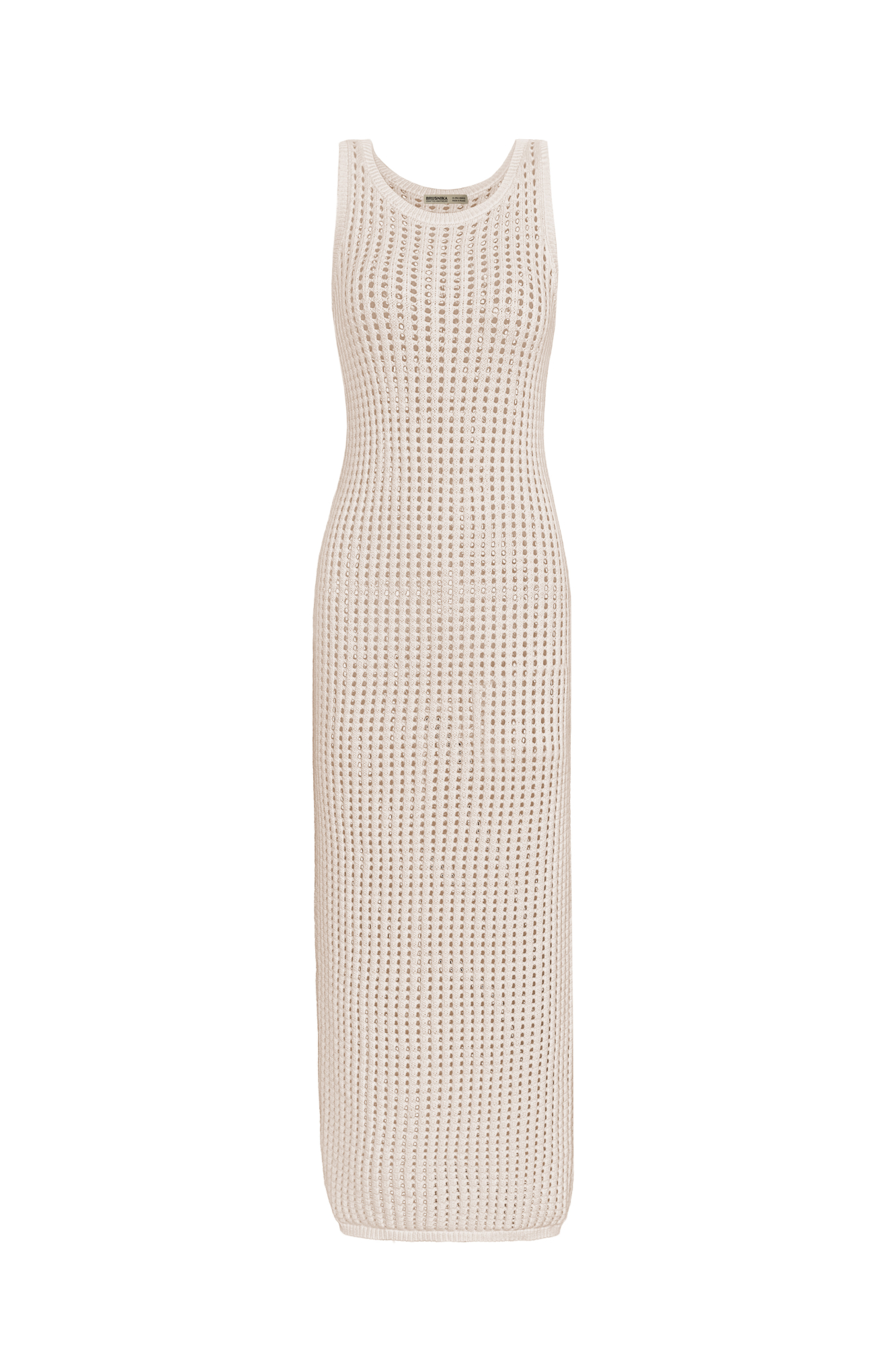 Трикотажный сарафан из хлопка с добавлением эластана, выполненный ажурной вязкой. Модель прямого силуэта, без рукавов, с глубокой проймой и круглым вырезом горловины.