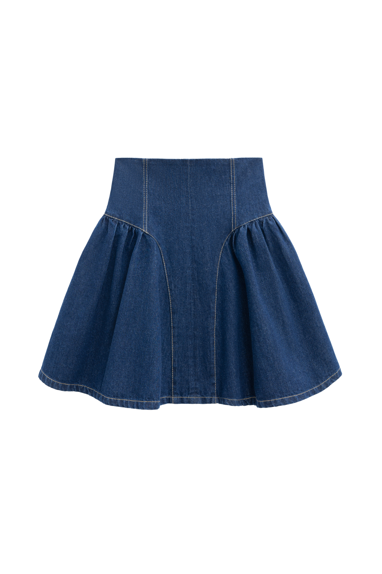 Джинсовая юбка длины мини из 100% хлопка. Модель с завышенной талией, акцентными вытачками и застежкой на молнию сзади.