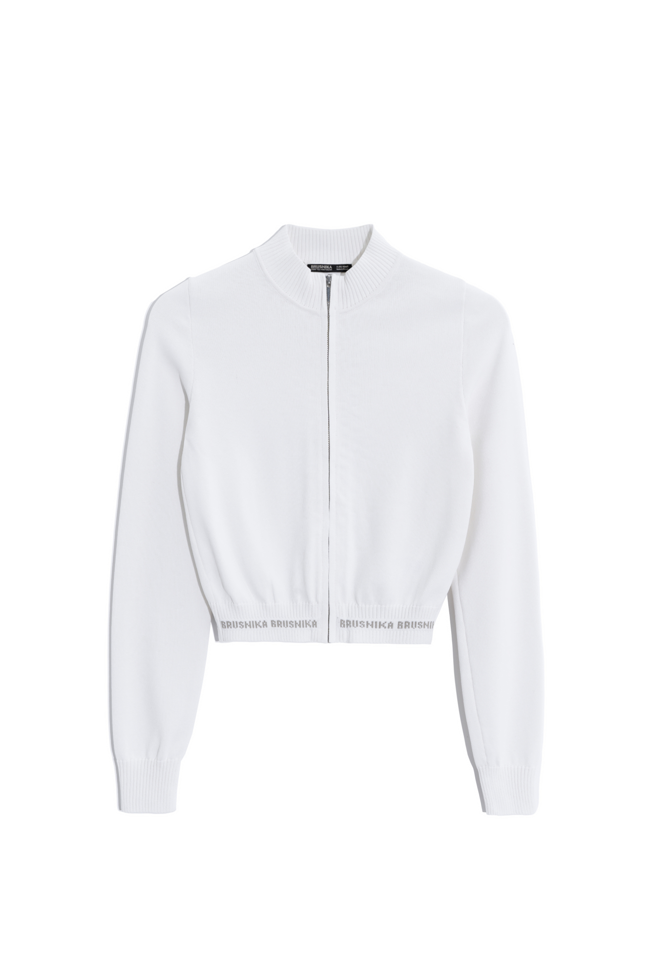 Укороченный бомбер из вискозы с длинным рукавом. Воротник, манжеты рукавов и низ изделия выполнены в рубчик. Застежка на молнию.