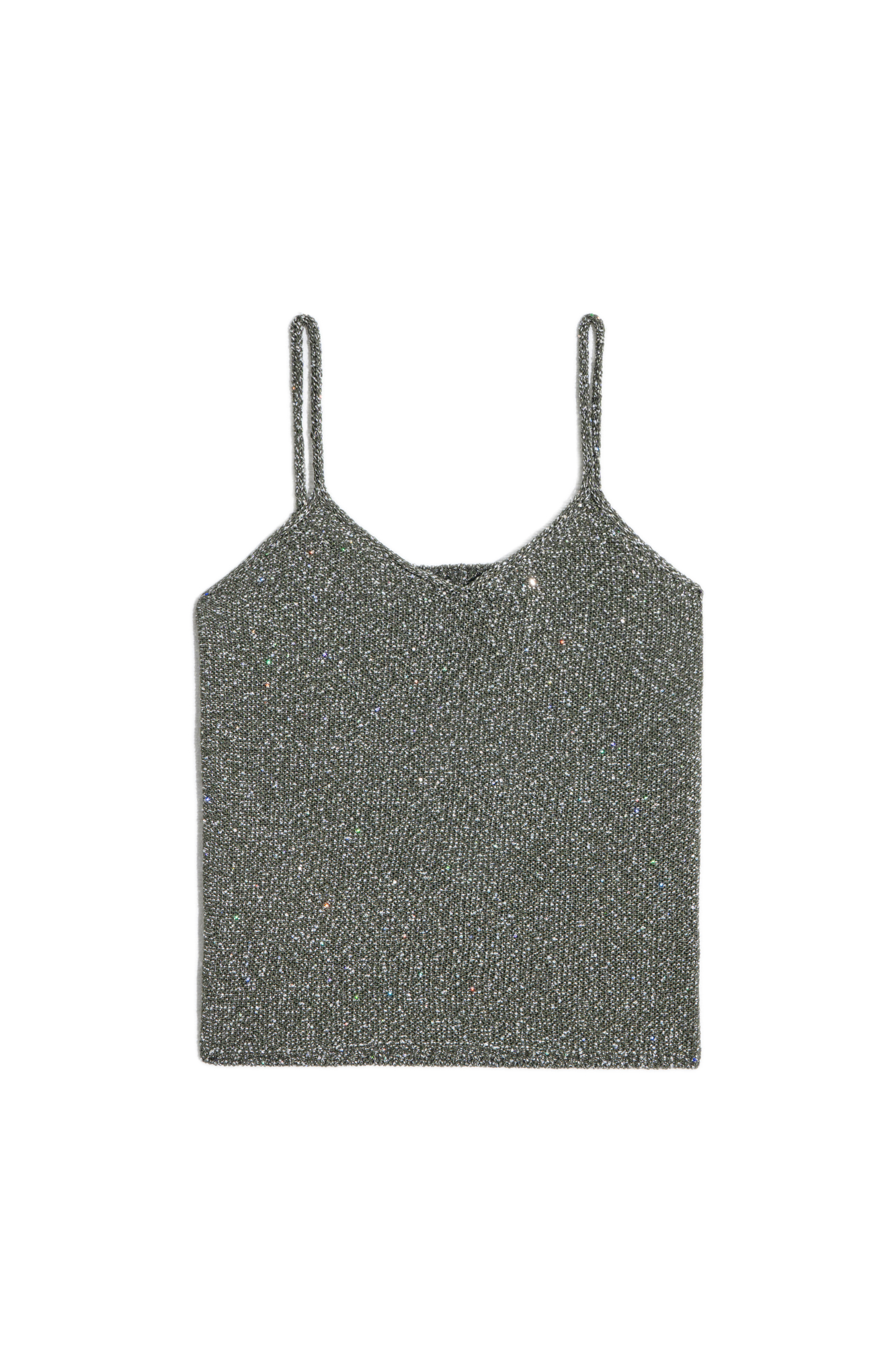 Трикотажный топ из поливискозы на тонких лямках с голографическими пайетками.