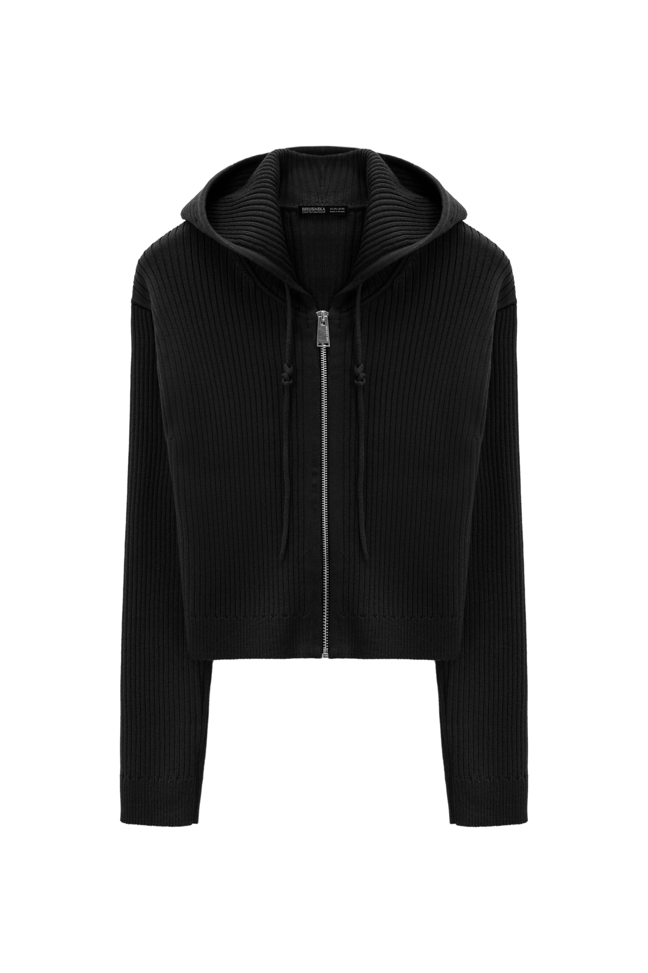 Трикотажный бомбер в рубчик. Модель приталенного силуэта, с длинными рукавами, спущенной линией плеч и капюшоном на кулиске. Застежка на молнию.