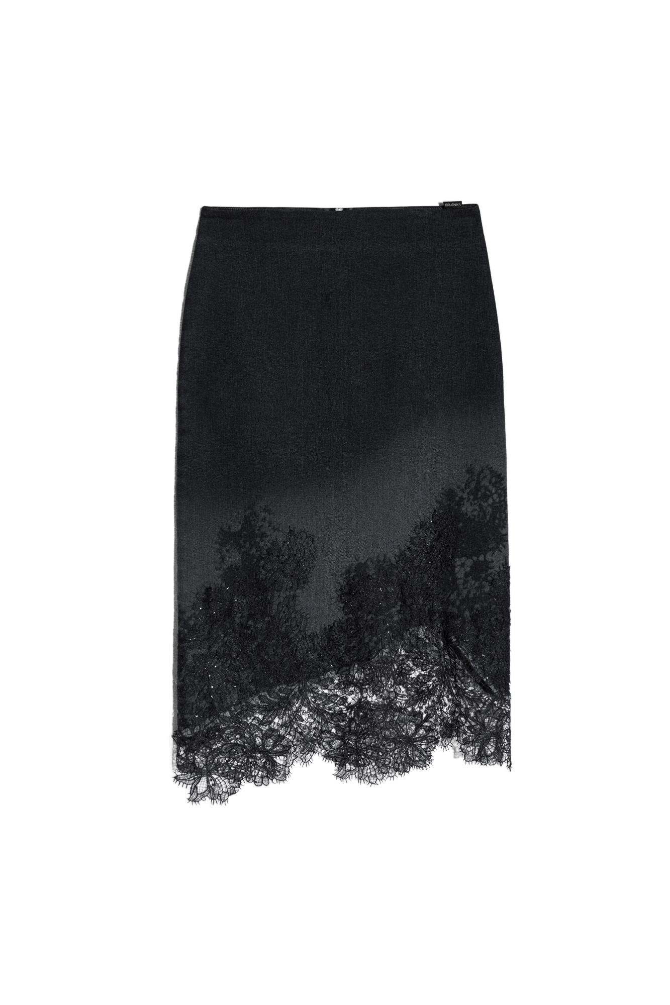 Джинсовая юбка длины миди с градиентным принтом. Модель приталенного силуэта с асимметричным низом, декорированным кружевом и пайетками. Застежка на молнию.