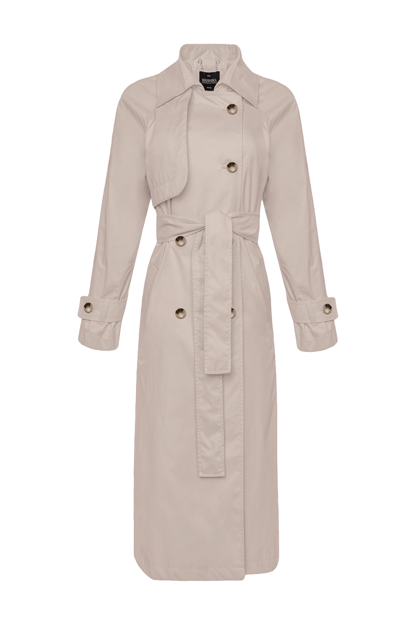 Классический тренч из водоотталкивающего текстиля. Модель прямого силуэта с поясом, отложной воротник, двубортная застежка на пуговицах и боковые карманы.