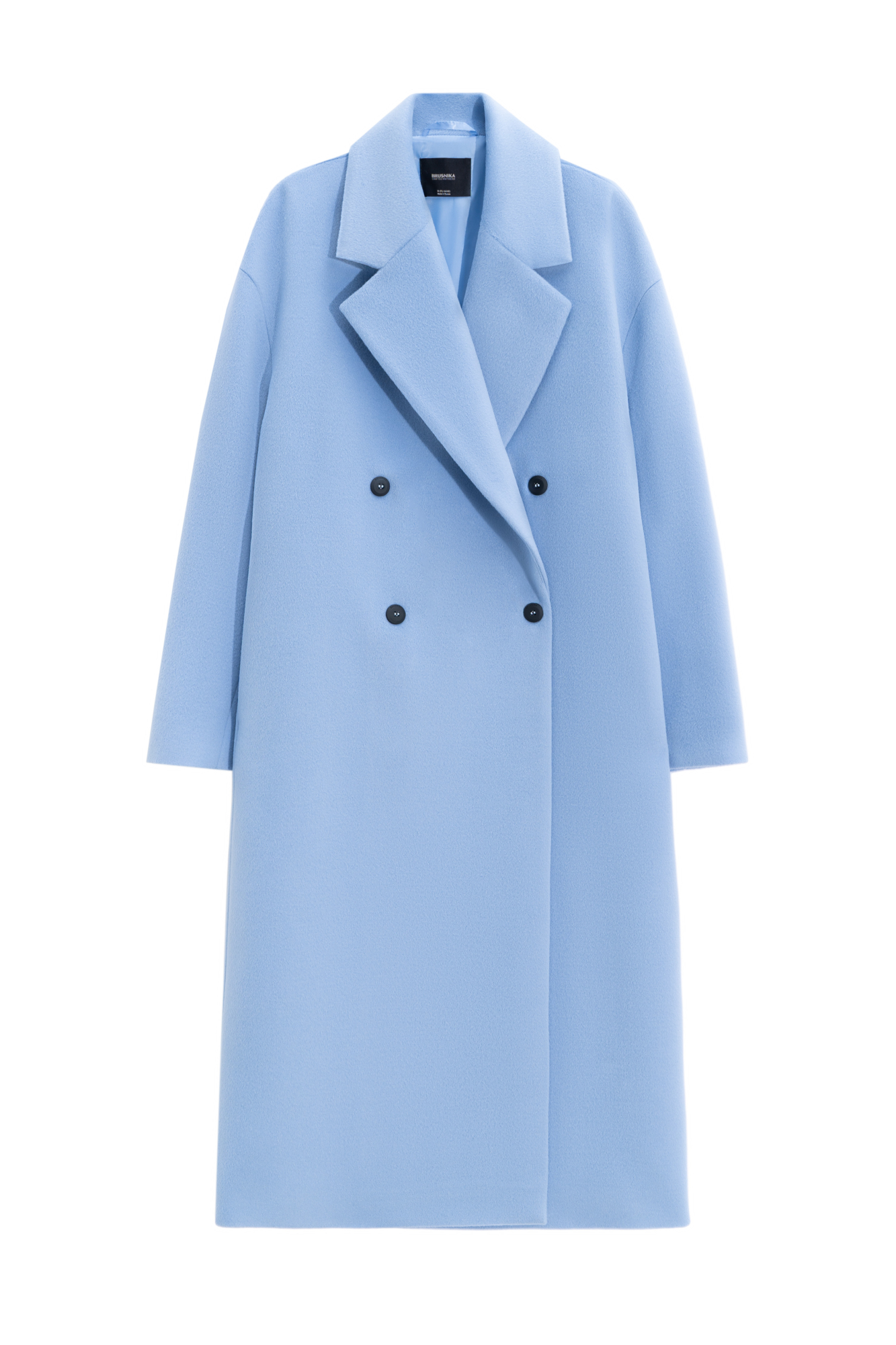 Двубортное длинное пальто из шерсти. Модель прямого кроя с широкими лацканами и врезными карманами. Изделие выполнено на подкладке.