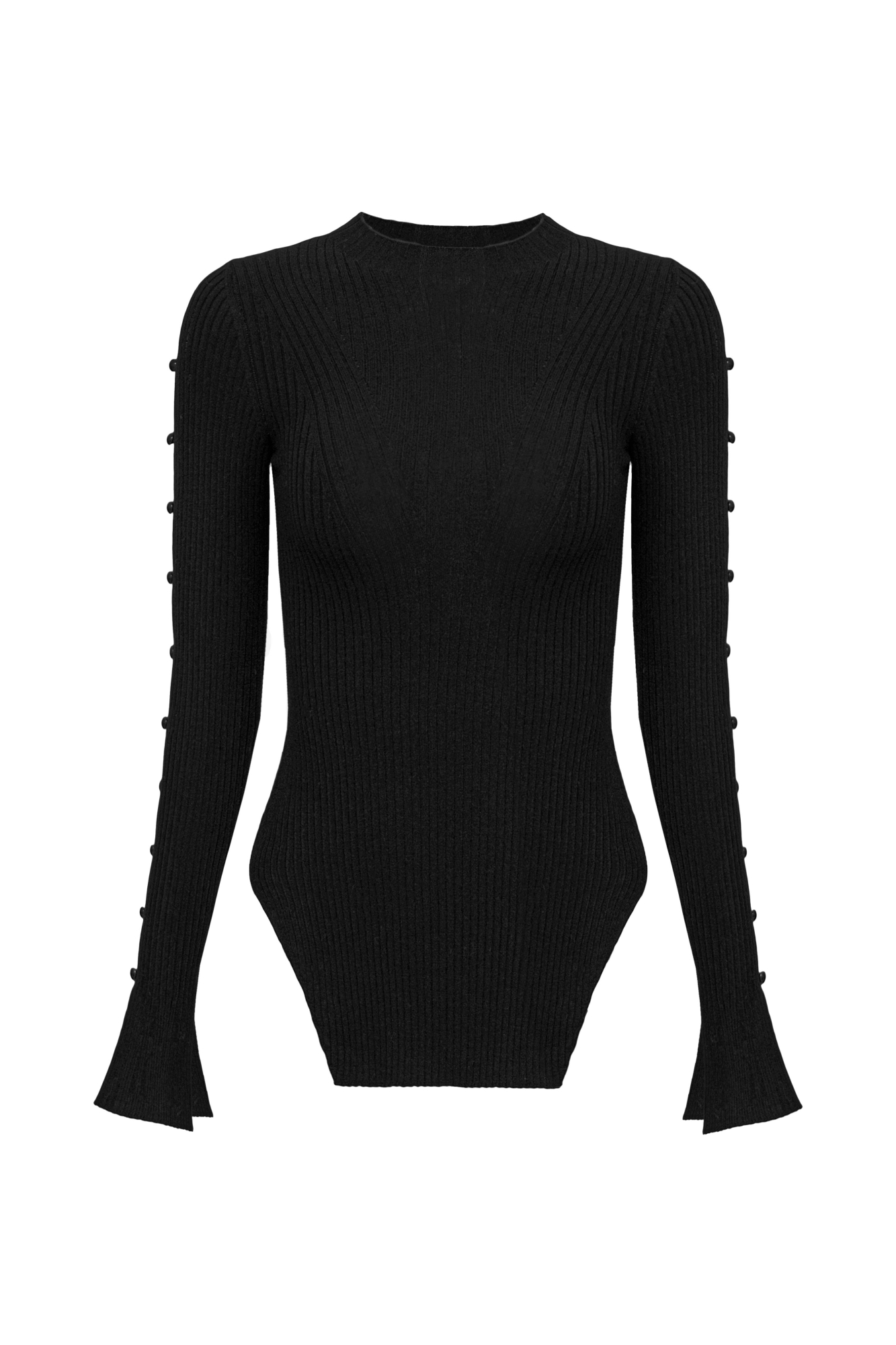 Трикотажный топ из вискозы. Модель приталенного силуэта, разрезами по бокам, с длинными рукавами на пуговицах, невысоким воротником-стойкой и декоративными сбавками на груди.