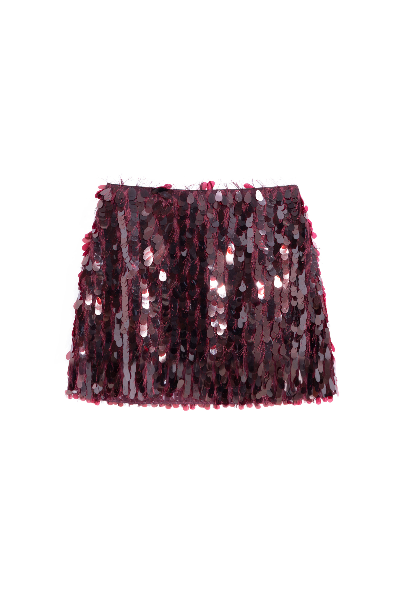 Вечерняя юбка длины мини, декорированная крупными пайетками и бахромой. Изделие выполнено на подкладке. Застежка сбоку на молнию и скрытый крючок.