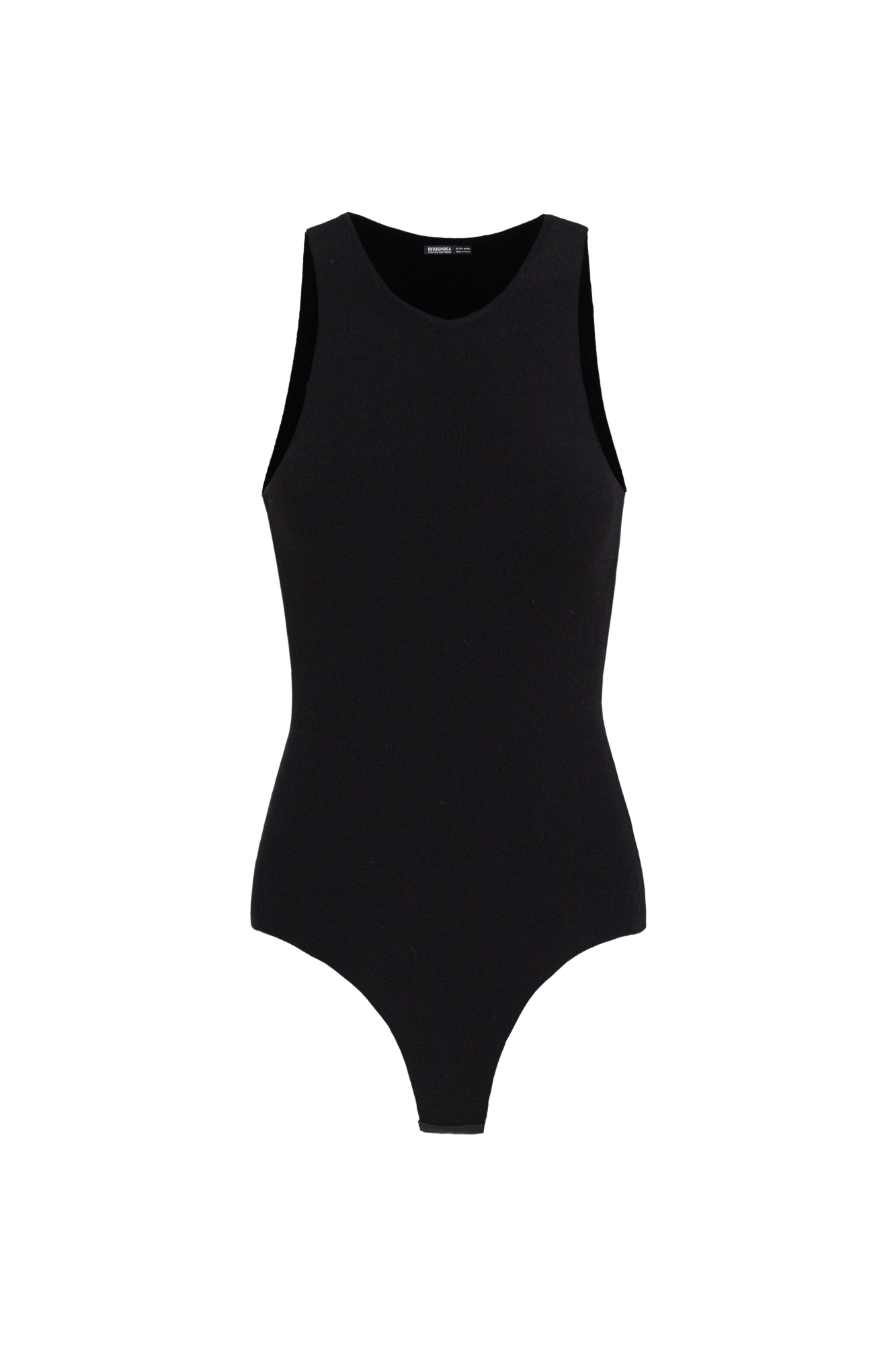 Трикотажное боди из вискозы. Модель приталенного силуэта без рукавов, с широкими лямками, круглым вырезом горловины и глубокой проймой. Застежка на бельевые крючки.