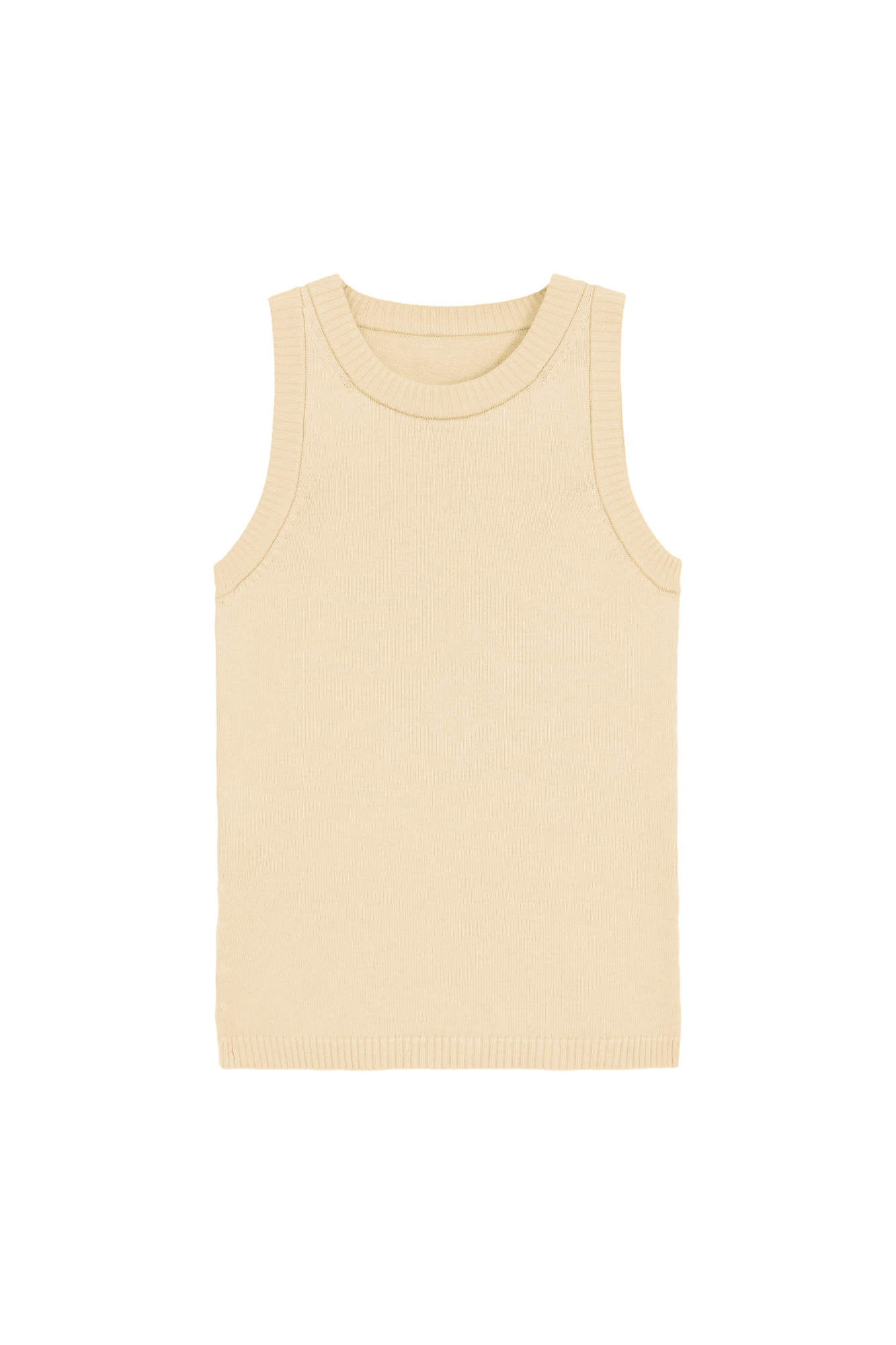 Трикотажный топ из 100% хлопка без рукавов. Модель приталенного силуэта с круглым вырезом горловины. Края изделия выполнены в рубчик.