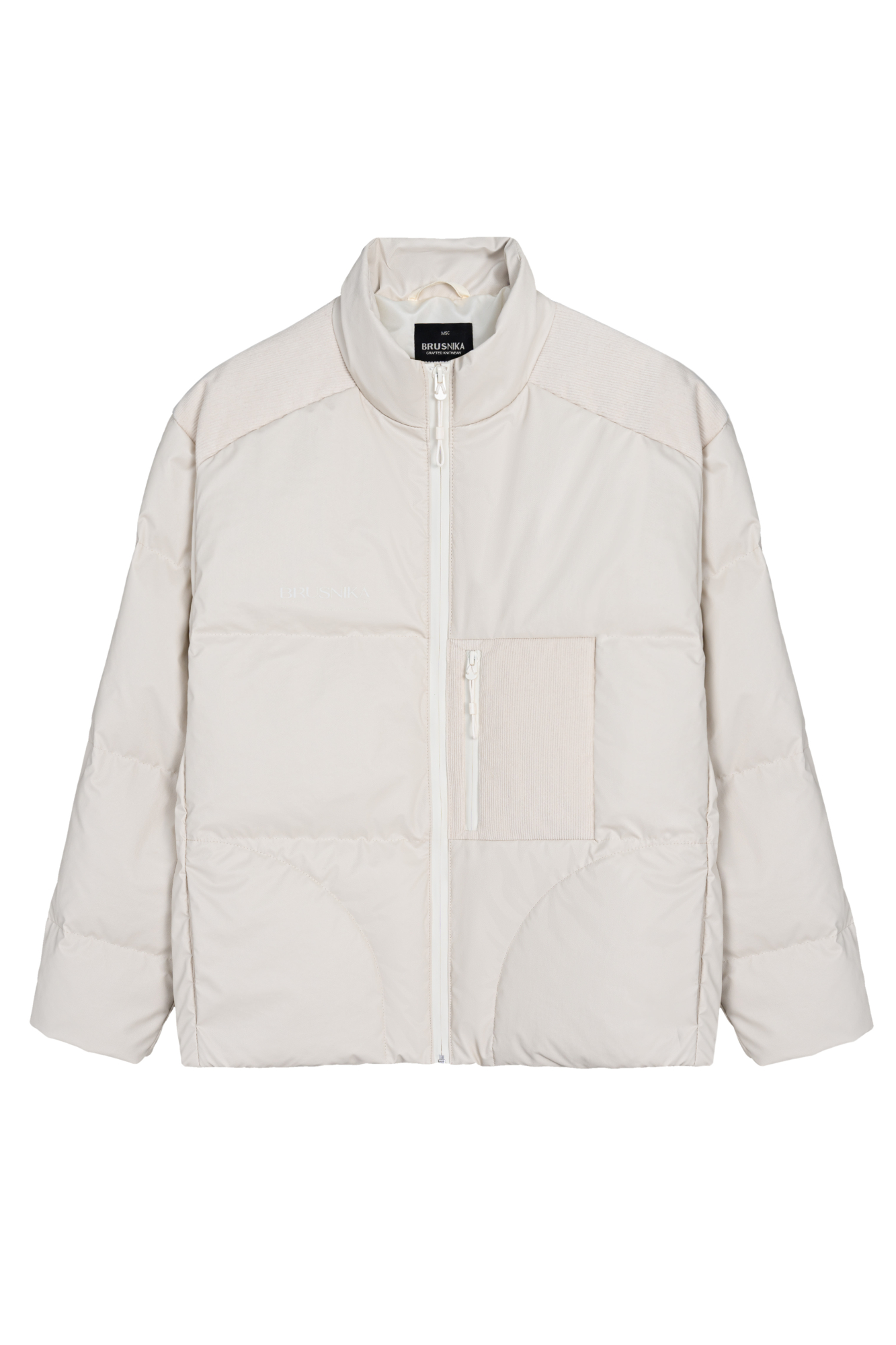 Пуховик свободного силуэта со спущенной линией плеча, карманом на молнии и декоративными элементами из вельвета. Застежка на молнию. На подкладке.