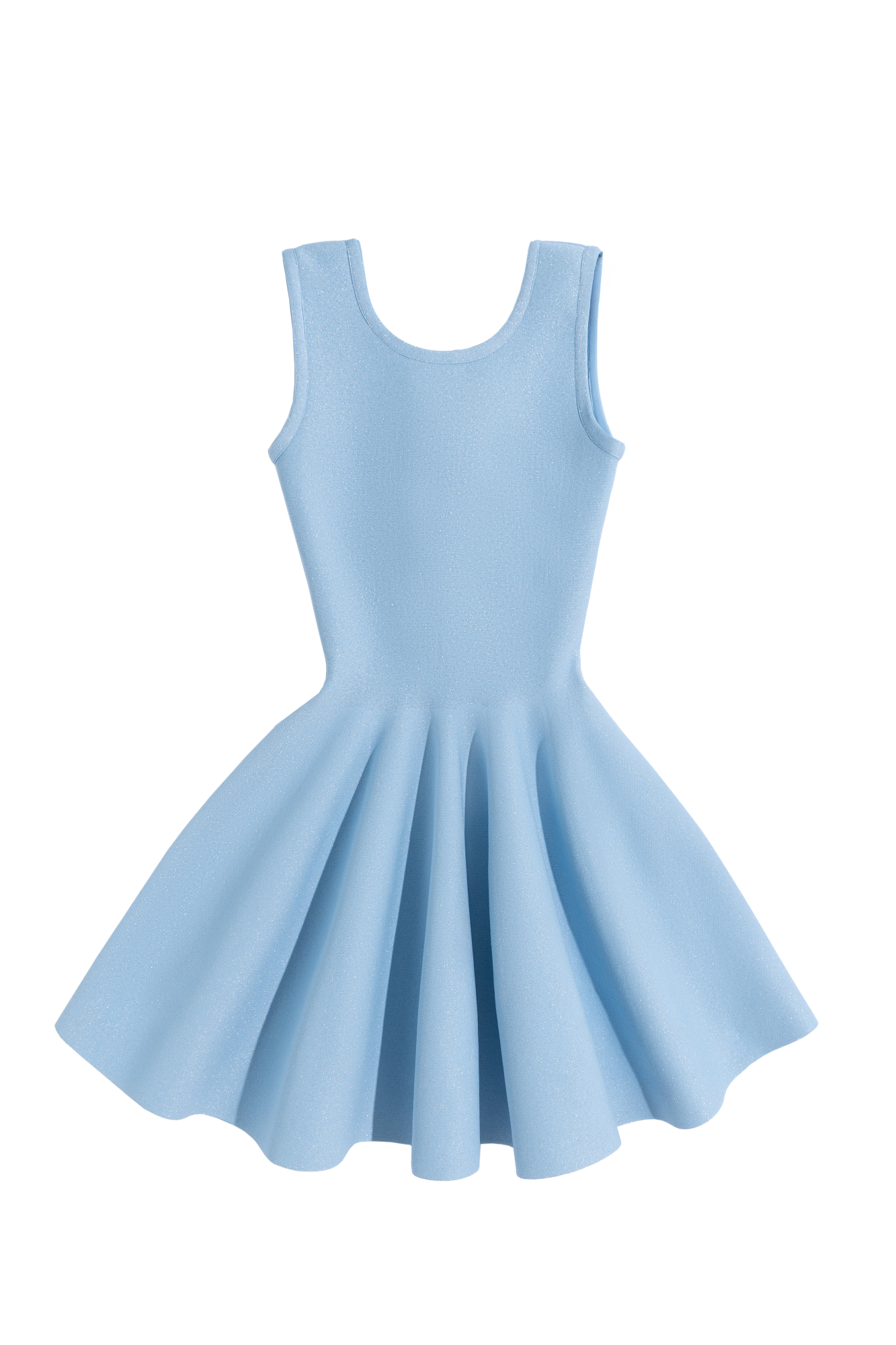 Трикотажное платье длины мини с люрексом. Модель по фигуре с юбкой, расклешенной от талии, без рукавов, на широких бретельках.