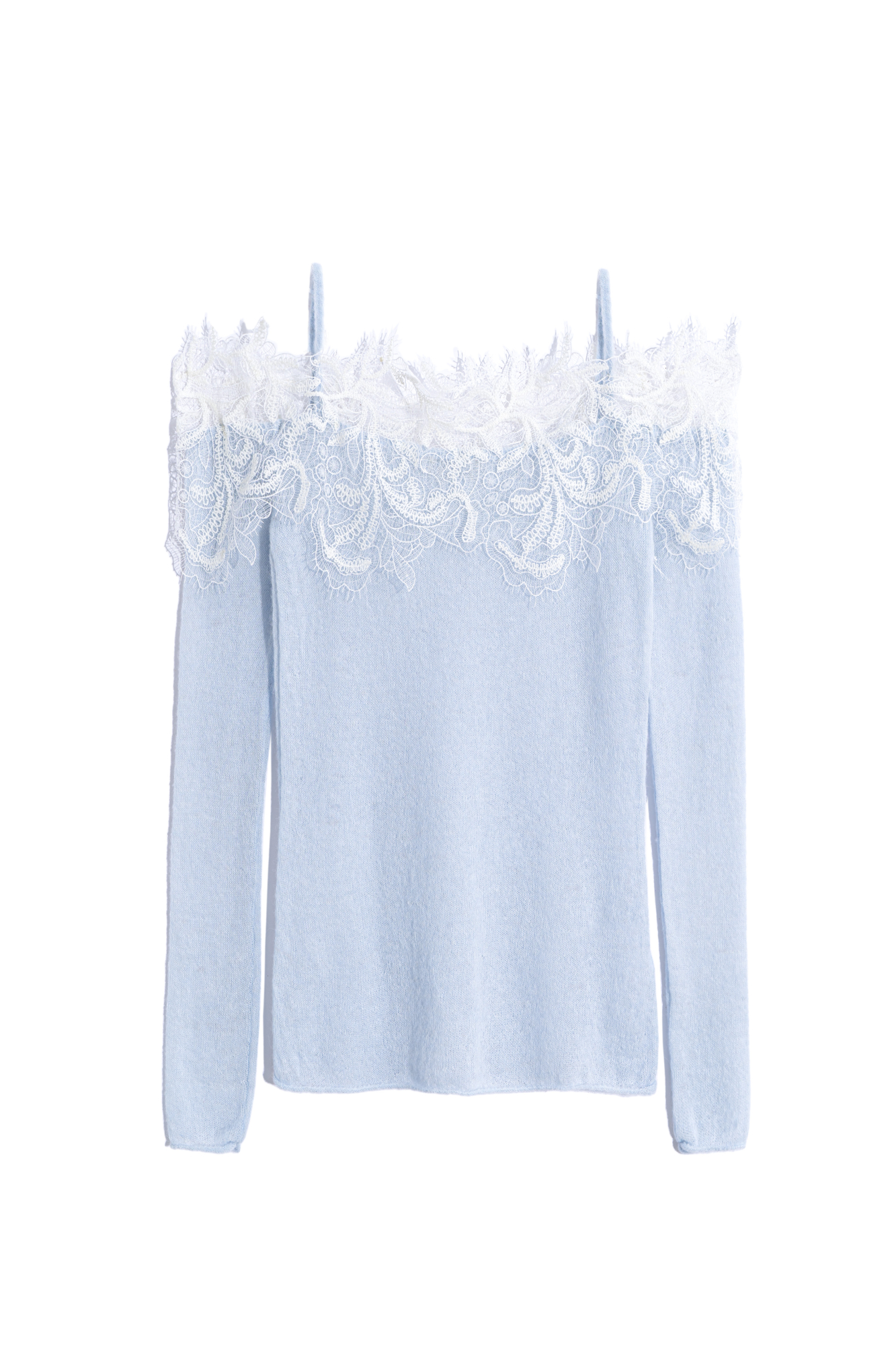 Трикотажный лонгслив из шерсти мериноса экстрафайн и альпака суперфайн. Модель по фигуре на тонких бретелях с длинными рукавами и открытой линией плеч. Декольте декорировано кружевом.