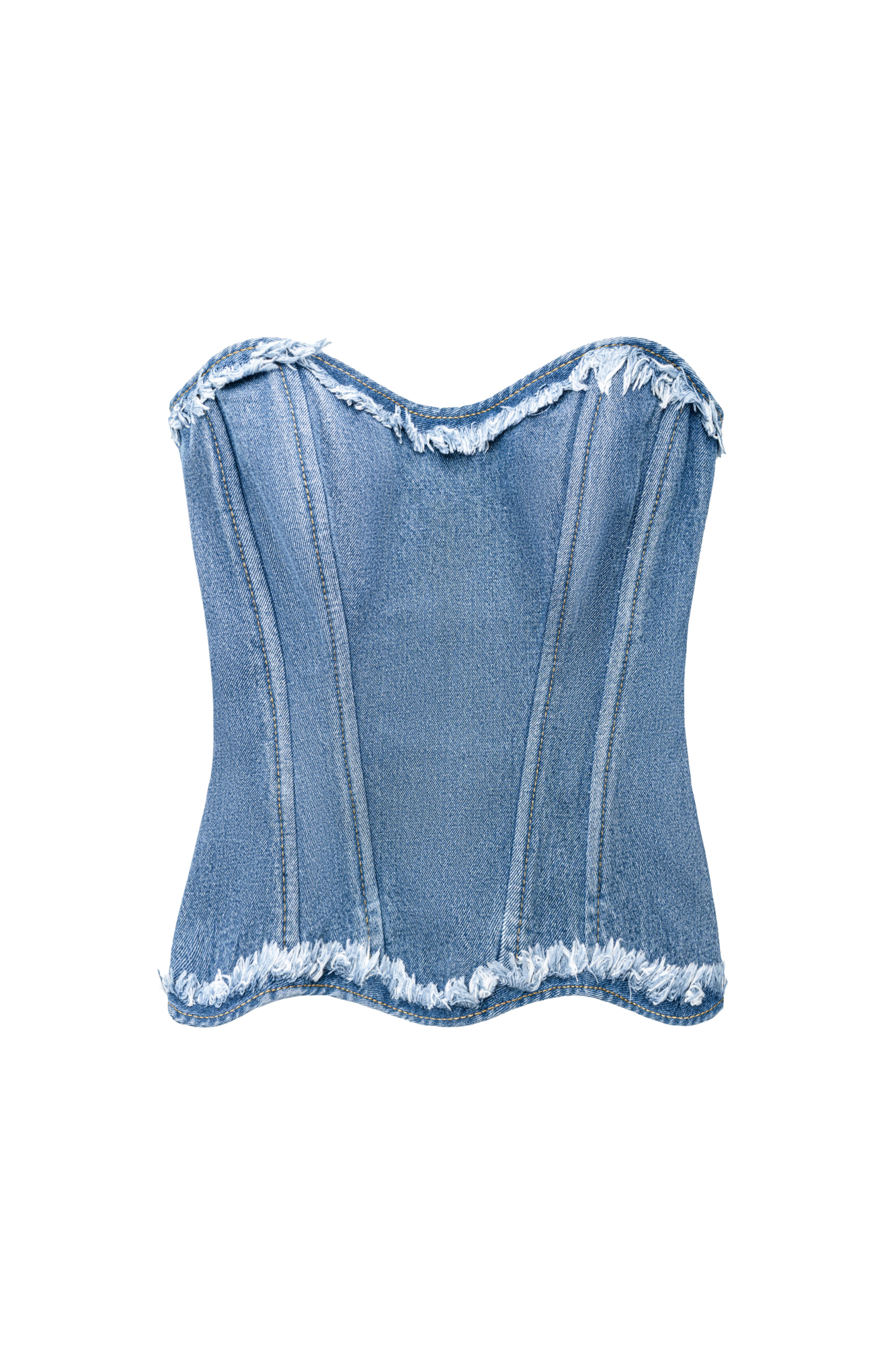 Джинсовый корсет из 100% хлопка. Модель без бретелей, с фигурным вырезом по верхнему краю. Верхний и нижний края декорированы бахромой. Рельефные швы спереди формируют силуэт.