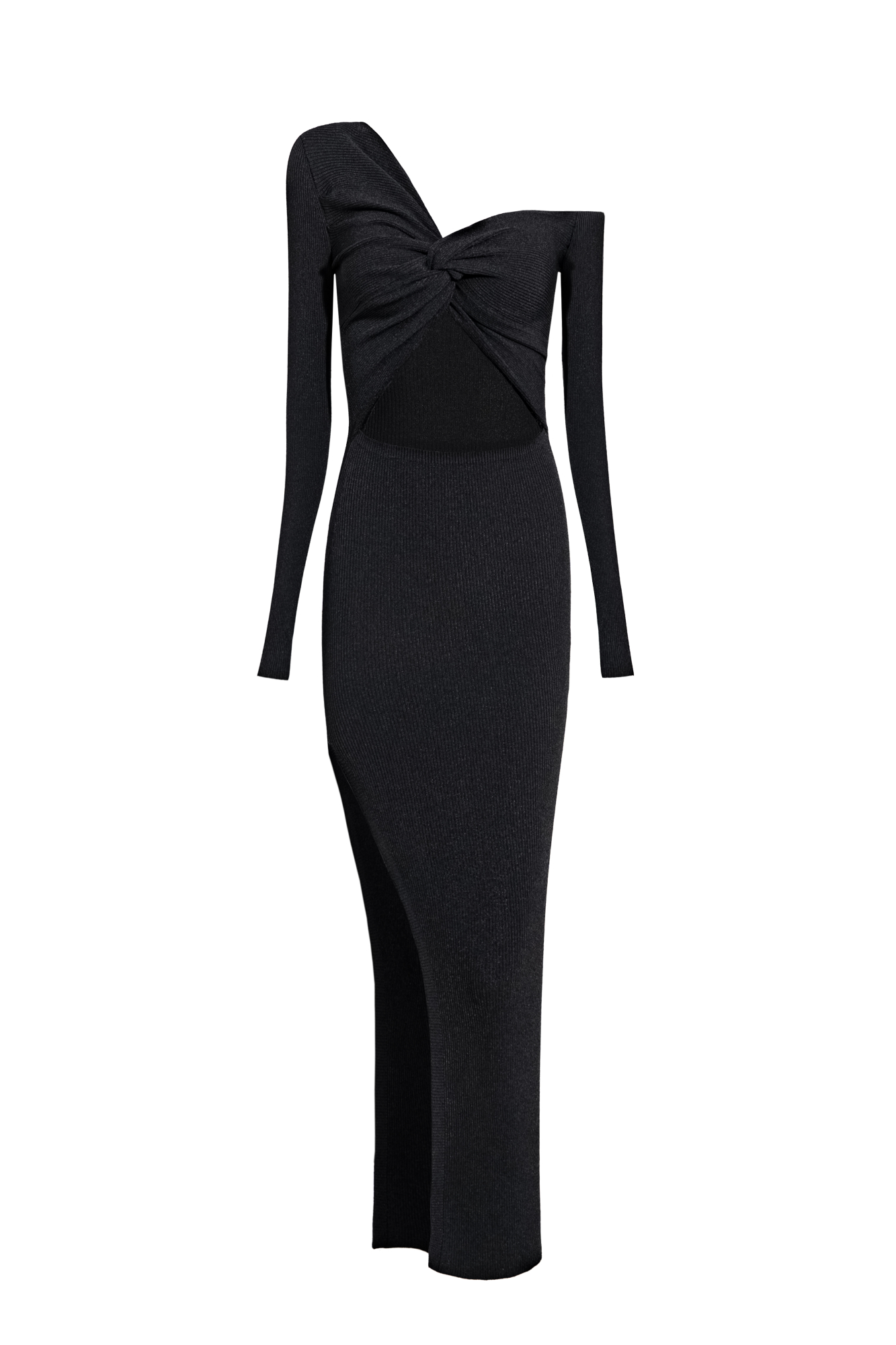 Трикотажное платье длины макси из вискозы. Модель приталенного силуэта с длинными рукавами, открытым плечом и перекрутом на груди.