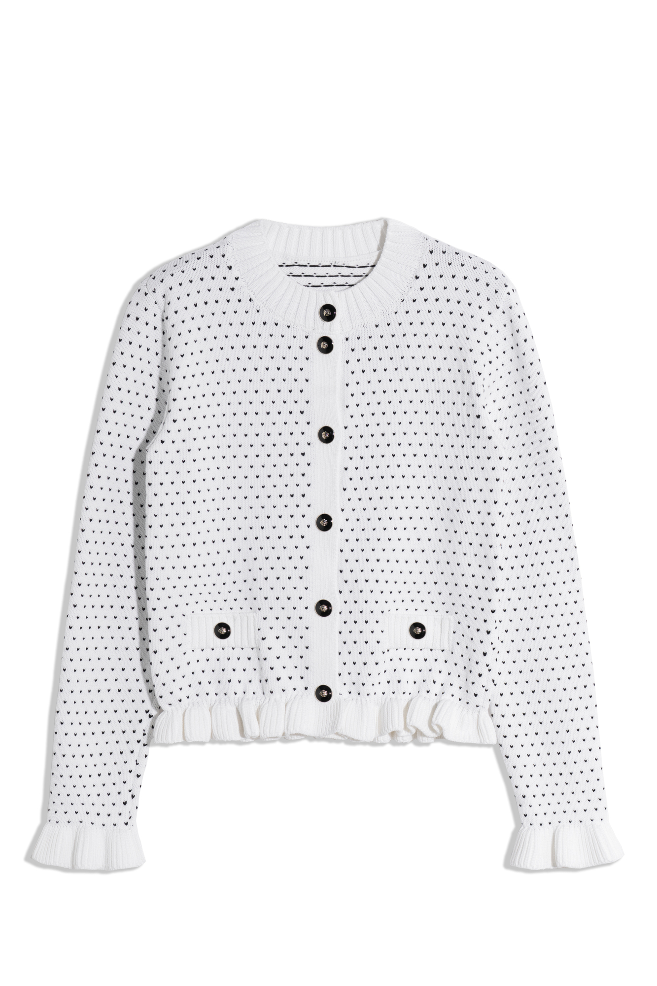Трикотажный кардиган, выполненный из хлопка, с жаккардовым узором. Модель с длинными рукавами и круглым вырезом горловины. Манжеты и низ изделия декорированы рюшами. Застежка на пуговицы. Дополнить образ можно комплектной юбкой.
