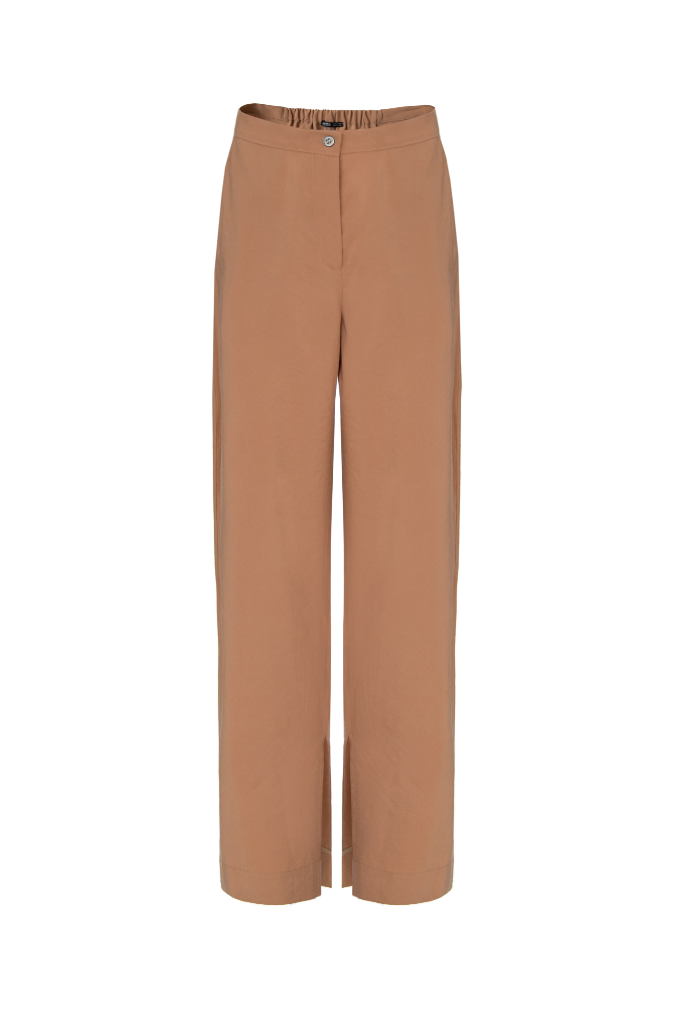 Брюки из купры с разрезами по бокам. Модель свободного силуэта с застежкой на молнию и пуговицу.