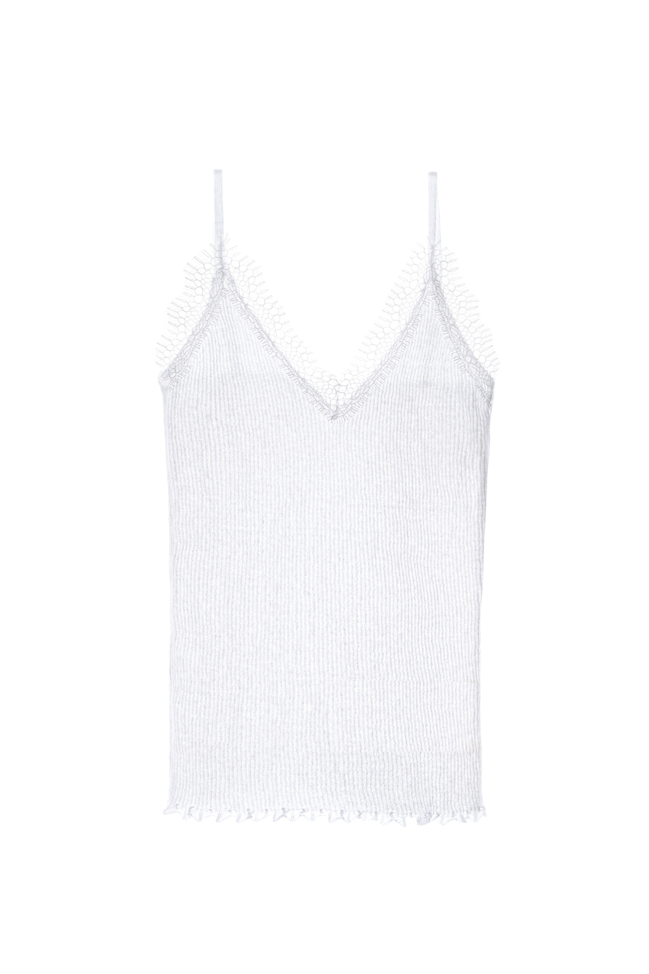 Трикотажный топ, выполненный из тонкого хлопка. Модель в рубчик на тонких бретельках и глубоким вырезом декольте. Изделие декорировано кружевом.