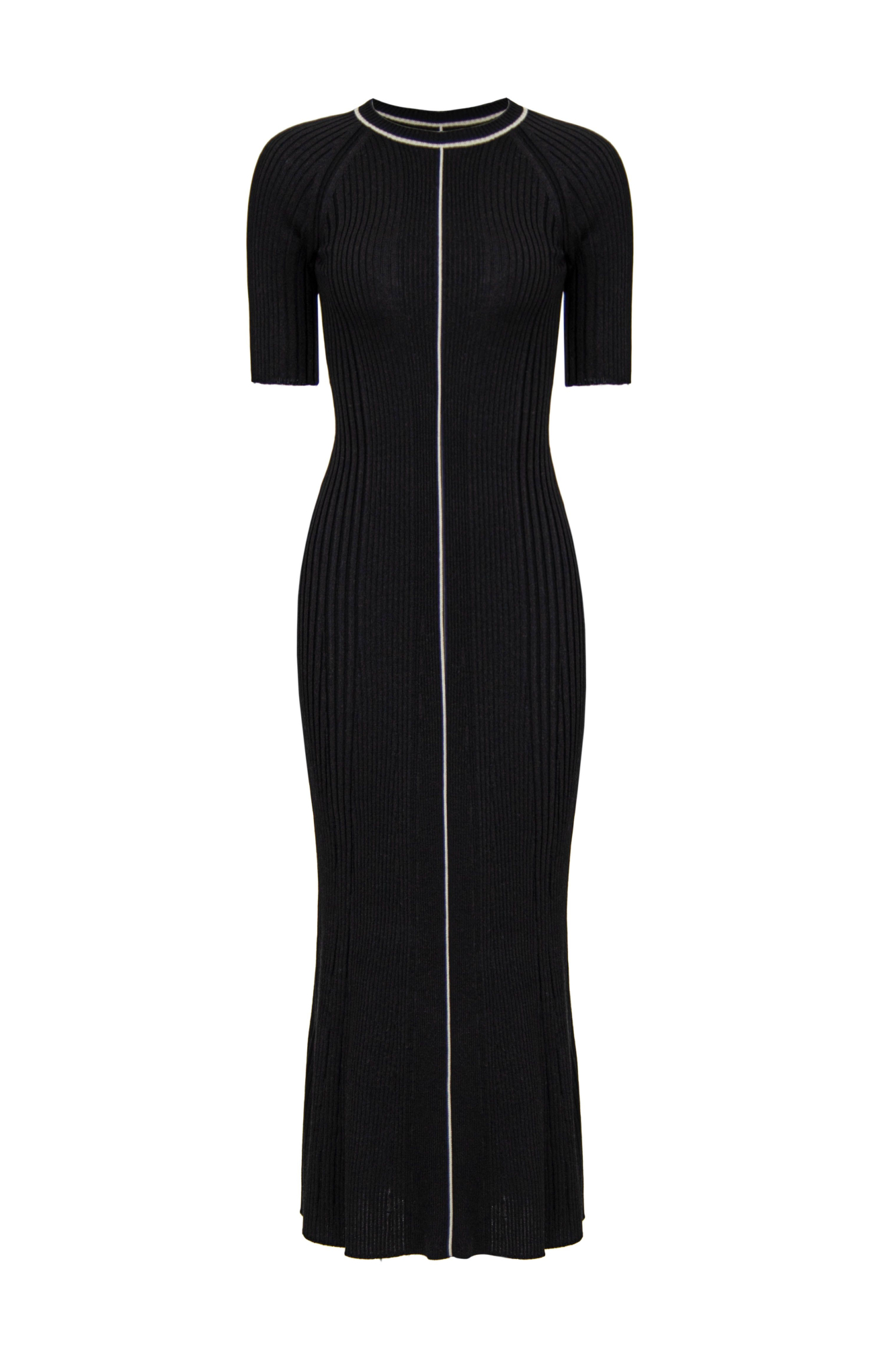 Трикотажное платье макси из шерсти мериноса. С коротким рукавом и контрастной полосой посередине. Модель приталенного силуэта в рубчик.