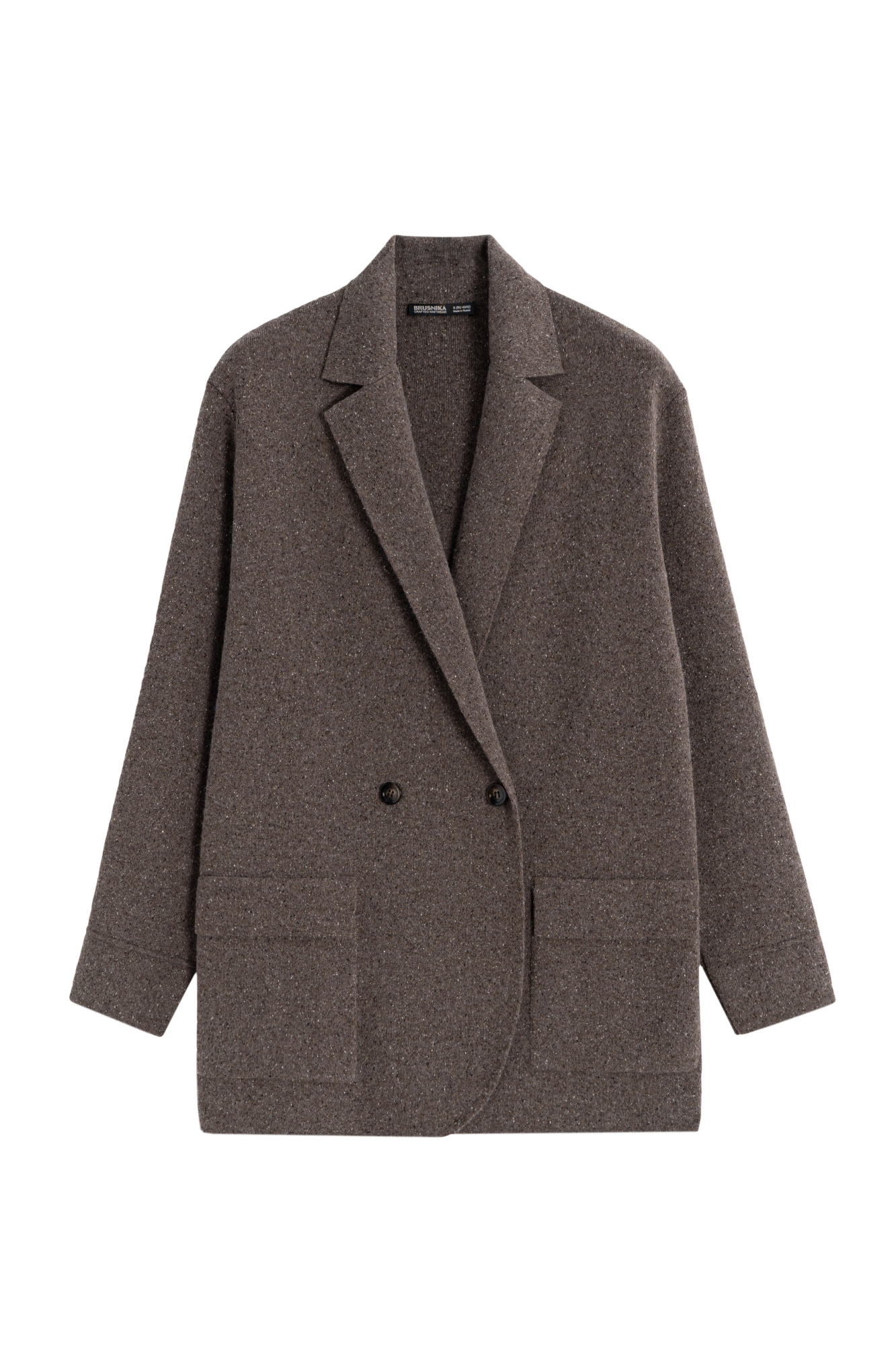 Трикотажный двубортный жакет из шерсти с добавлением вискозы и шелка. Модель прямого кроя, с лацканами, двумя накладными карманами и валиками на манжетах. Застежка на пуговицы. Без подкладки.