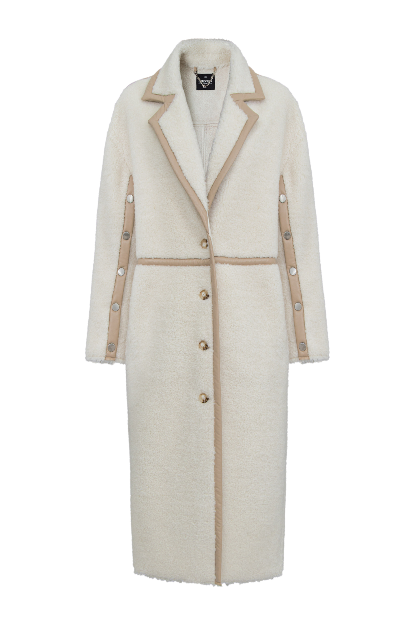 Пальто из натуральной шерсти. Модель прямого силуэта с английским воротником, боковыми карманами и декоративными элементами из экокожи. Рукава изделия выполнены на кнопках.