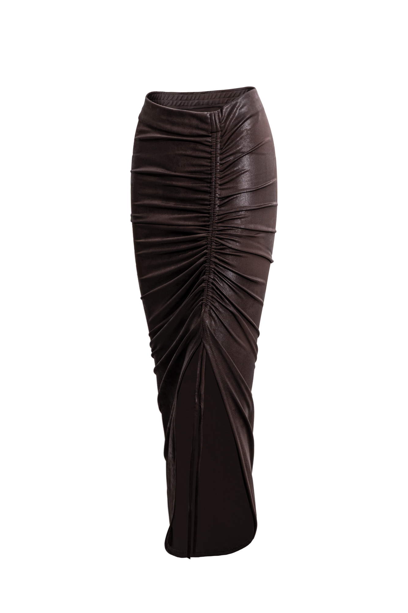 Юбка из нейлона длины миди на кулиске. Модель с асимметричным низом и сложной драпировкой. Дополнить образ можно топом в таком же стиле.