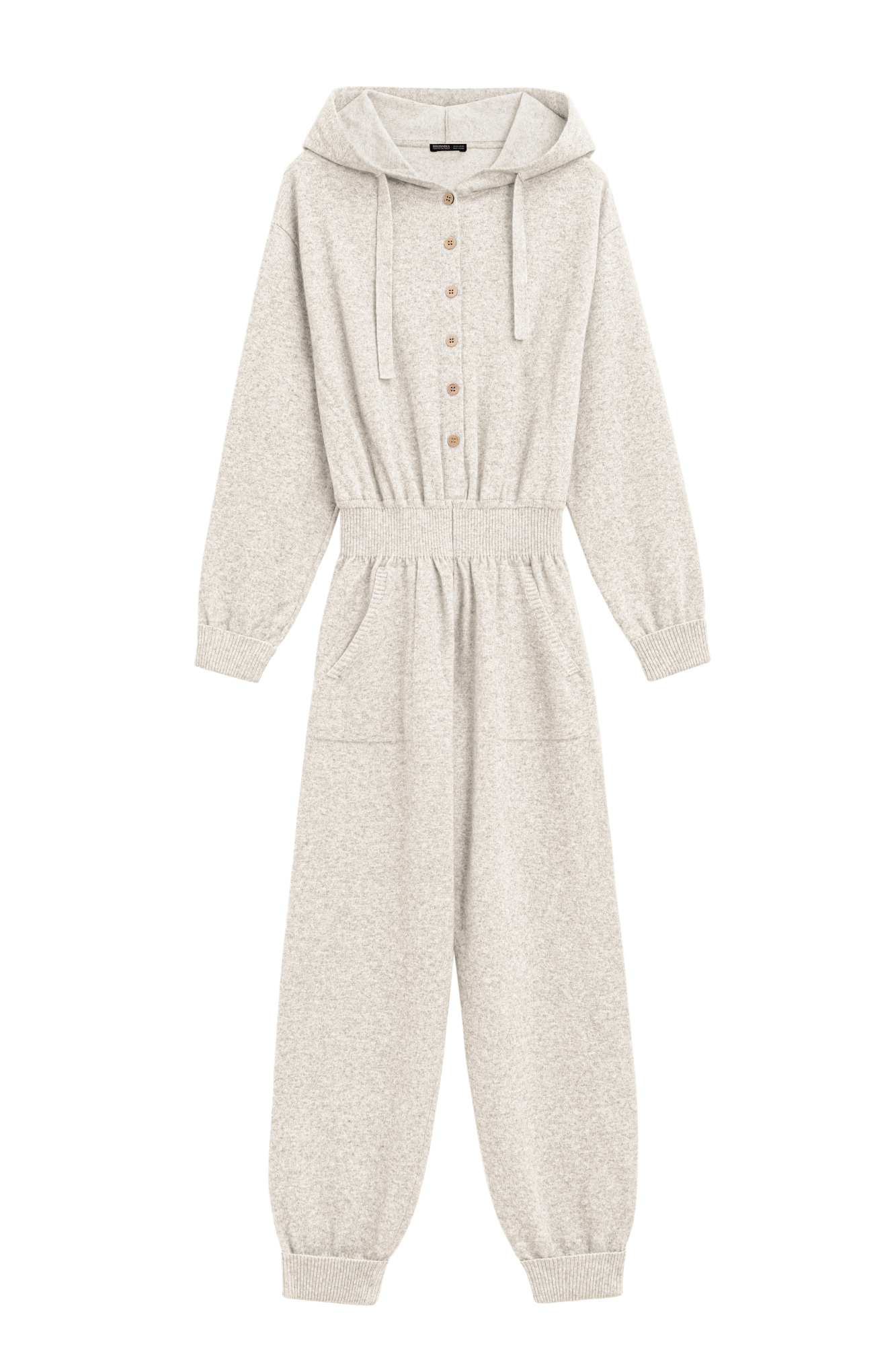 Трикотажный комбинезон из шерсти и кашемира, состоящий из худи и брюк. Худи с капюшоном и застежкой на пуговицы, брюки с широким эластичным поясом, боковыми карманами и манжетами на резинке.