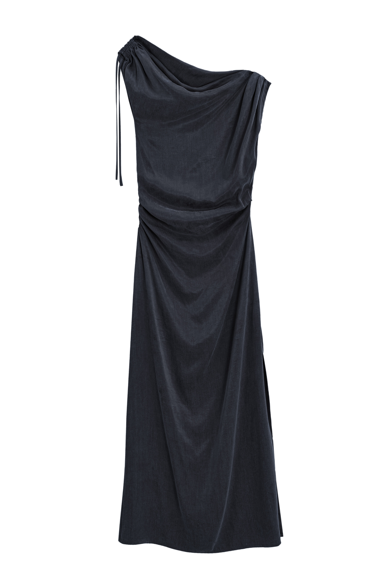 Платье из купры длины макси. Модель приталенного силуэта, без рукавов, с асимметричным вырезом горловины, драпировкой на плече и талиии. Высокий разрез сбоку.