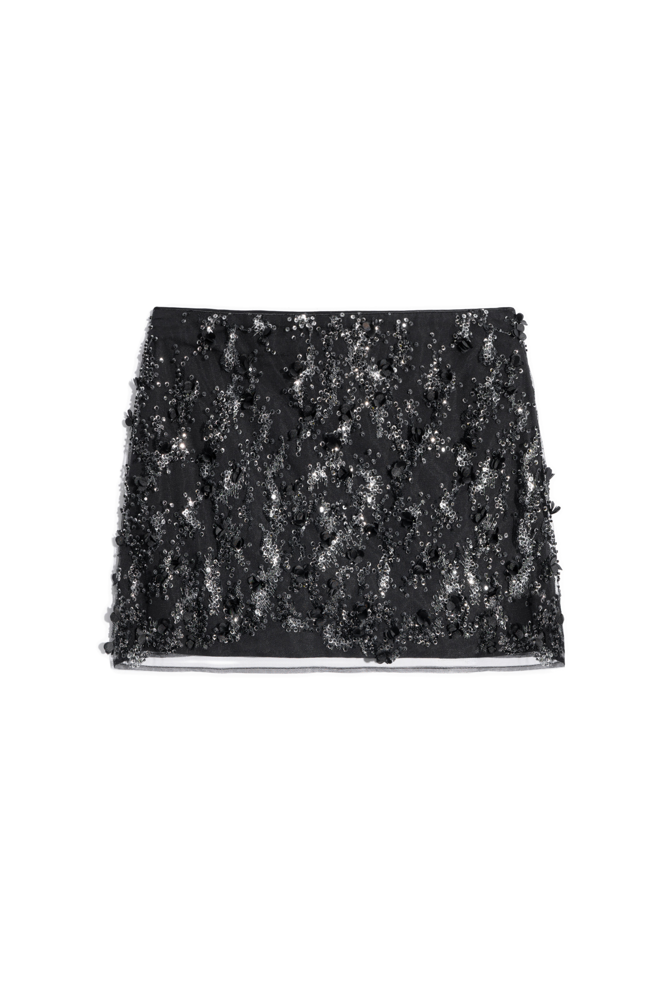 Юбка длины мини с цветочным орнаментом, вышитым пайетками. Застежка на потайную молнию. Изделие на подкладке.