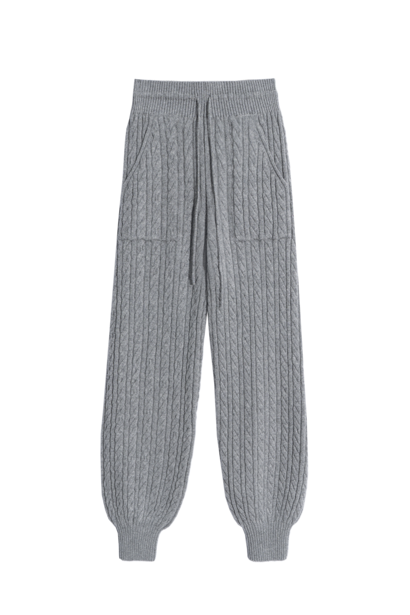 Трикотажные брюки-джоггеры из кашемира и шерсти с объемными косами. Модель с эластичным поясом, большими накладными карманами и манжетами в рубчик. 