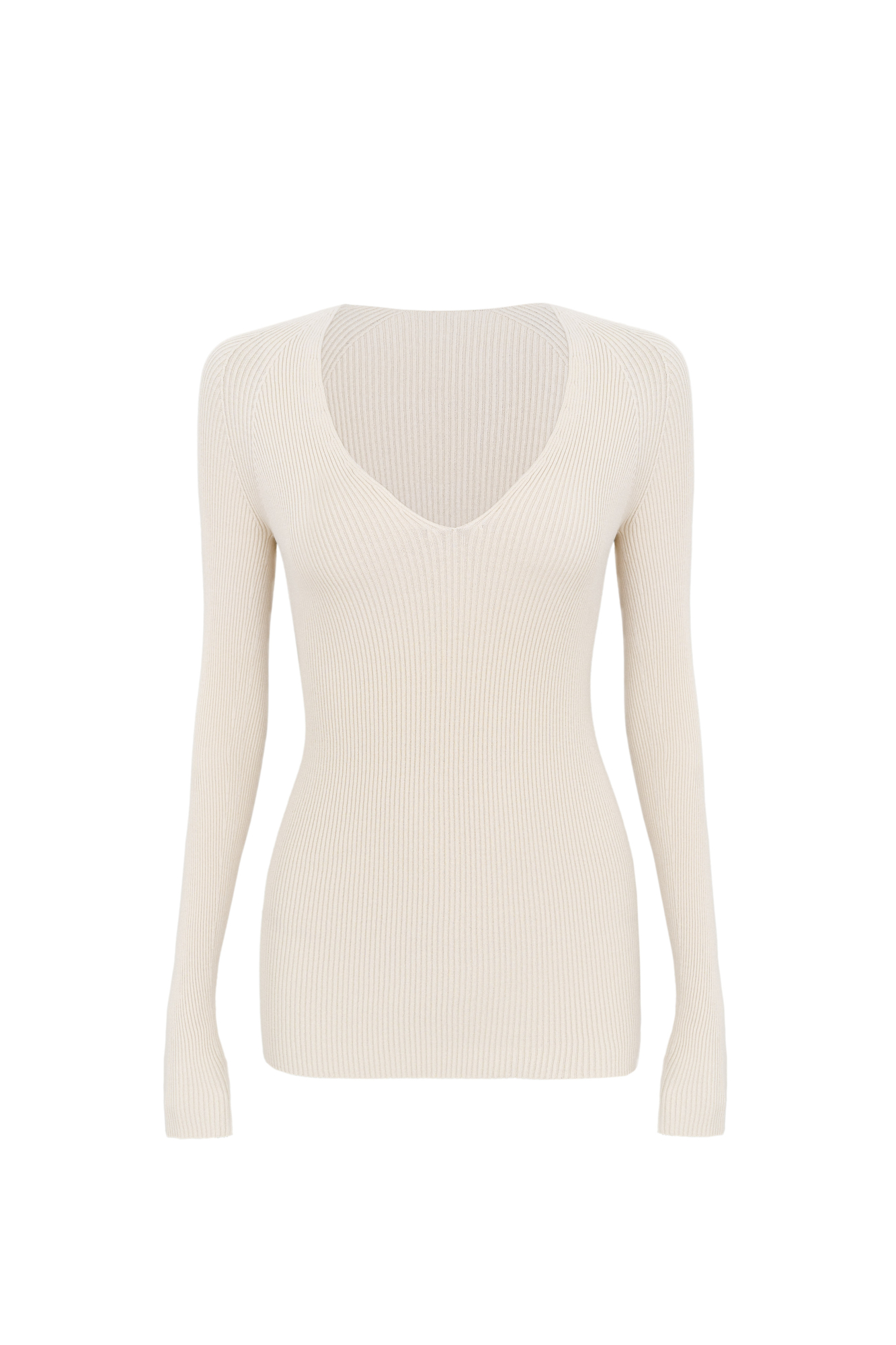 Трикотажный лонгслив из вискозы. Модель приталенного силуэта с глубоким V-образным вырезом. Изделие выполнено в рубчик.