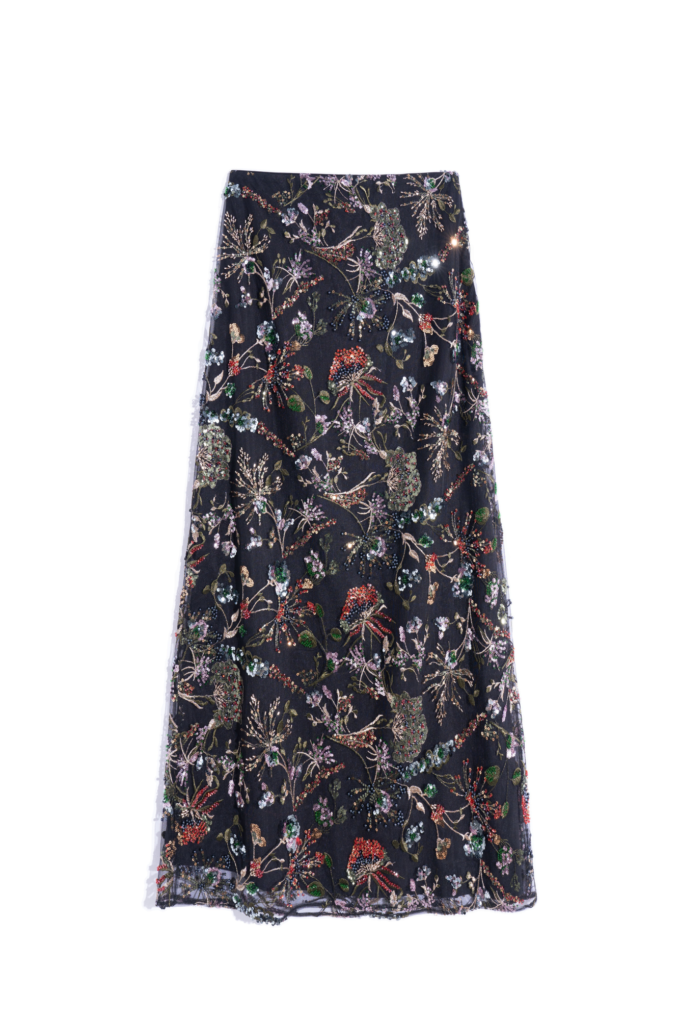 Юбка длины макси с цветочным орнаментом, вышитым пайетками и бисером. Застежка на потайную молнию.