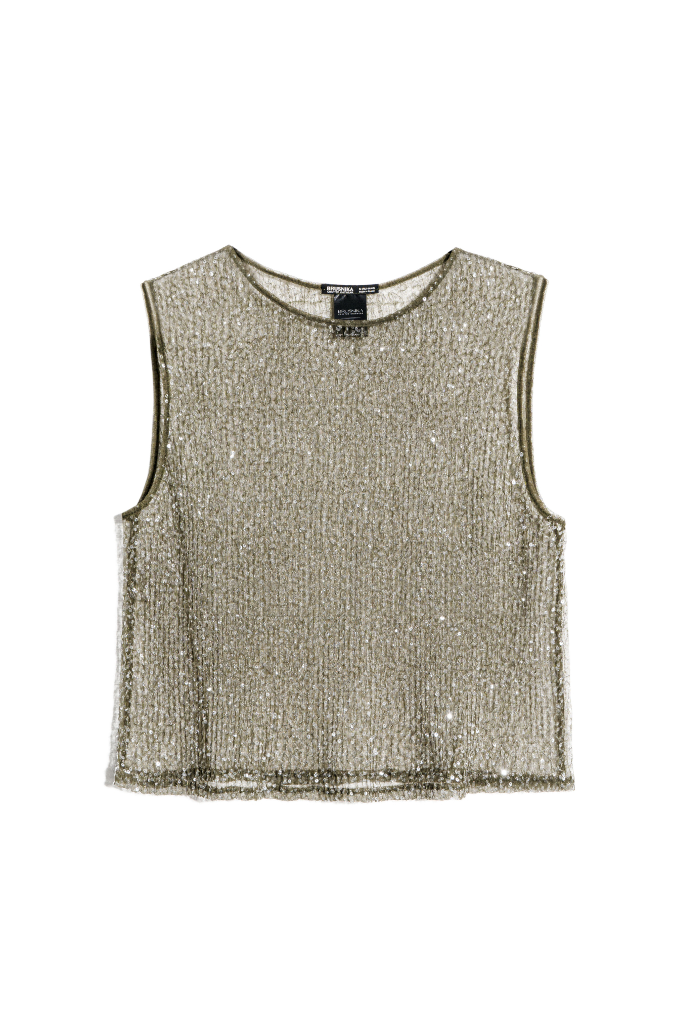Прозрачный топ без рукавов, с круглым вырезом горловины. Модель декорирована пайетками.