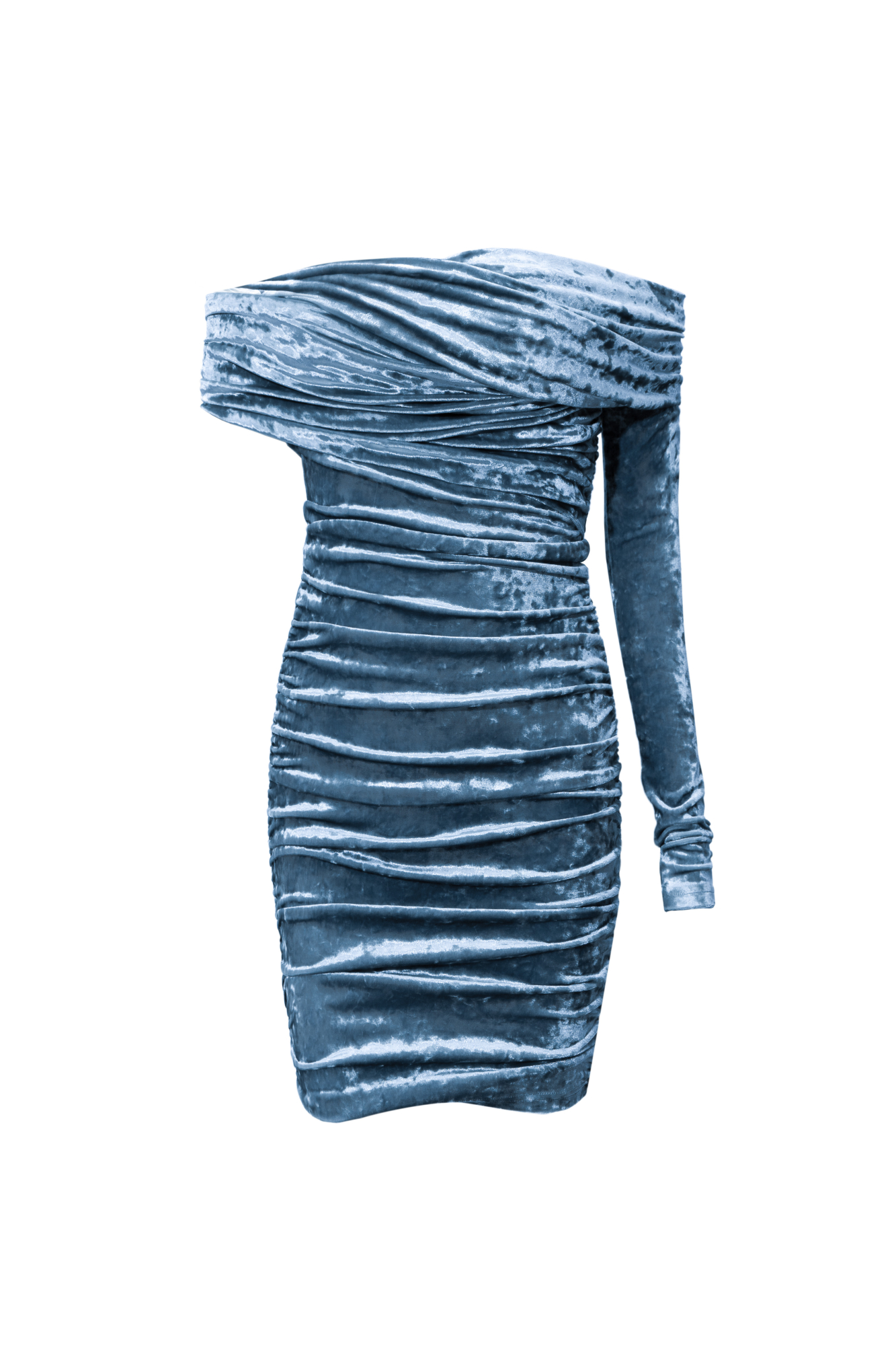 Платье из велюра длины мини. Модель приталенного силуэта, с открытой линией плеч и одним рукавом. Изделие декорировано драпировкой. Благодаря необычной текстуре ткани достигается эффект перелива цвета.