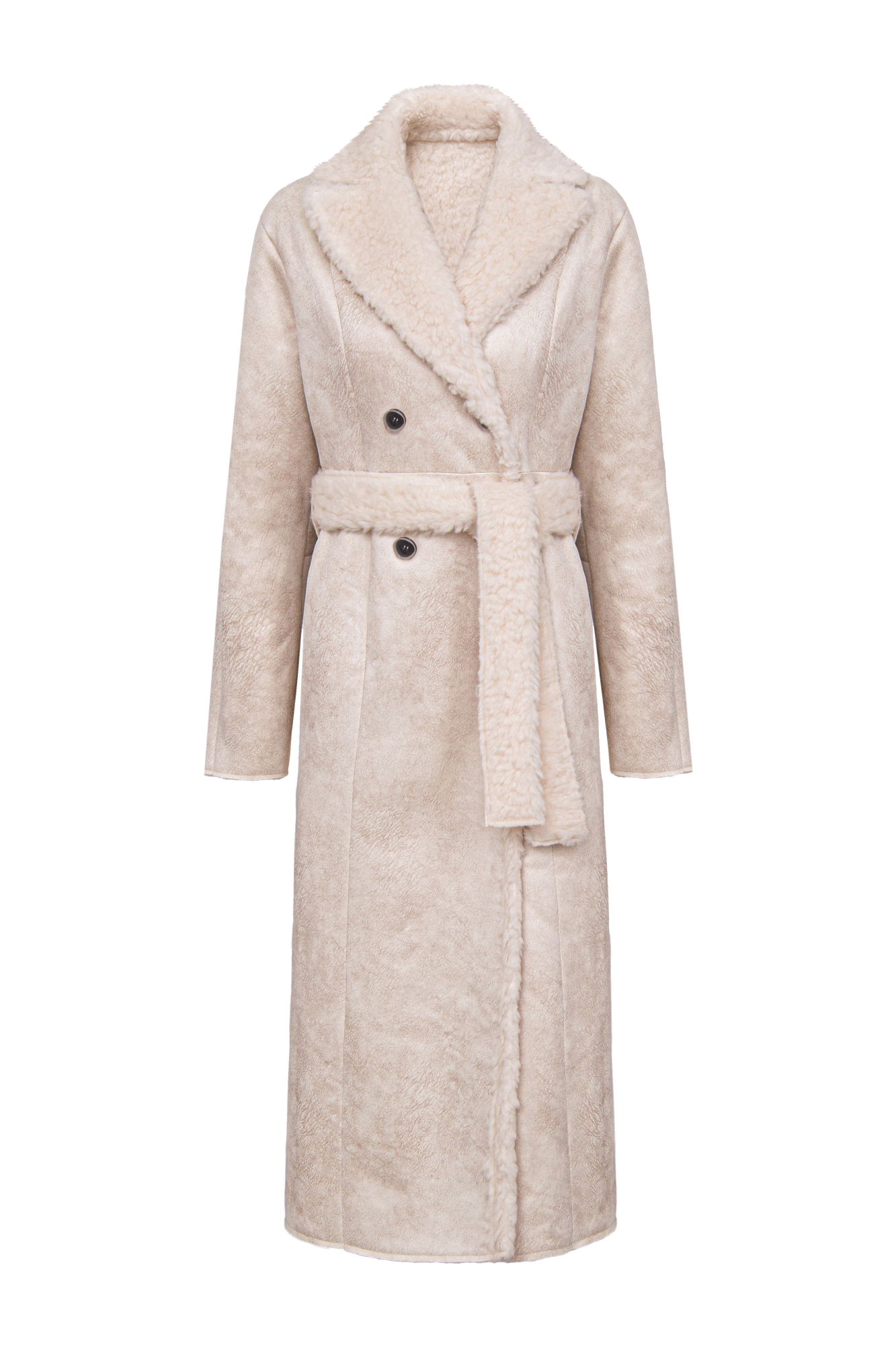 Двустороннее пальто из натуральной шерсти. Модель свободного силуэта с отложным воротником, патами, поясом и застежкой на пуговицы. 