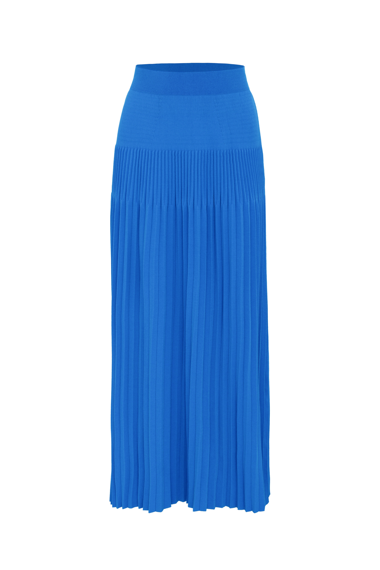 Трикотажная юбка плиссе длины миди из вискозы. Модель приталенного силуэта с эластичным поясом в рубчик.