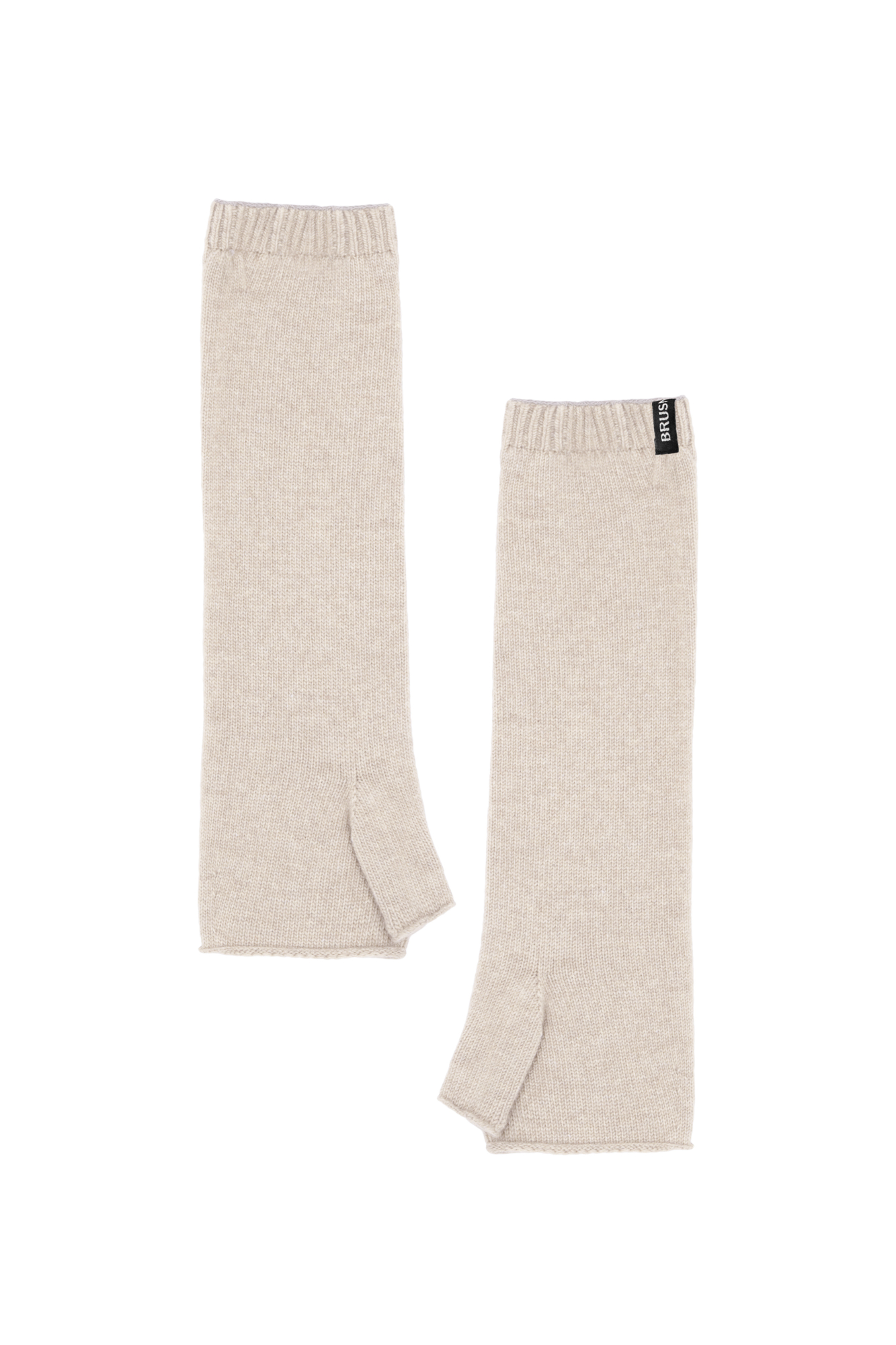 Трикотажные митенки из шерсти с добавлением кашемира. Модель с валиком по краю, эластичной резинкой в рубчик и брендированной биркой.