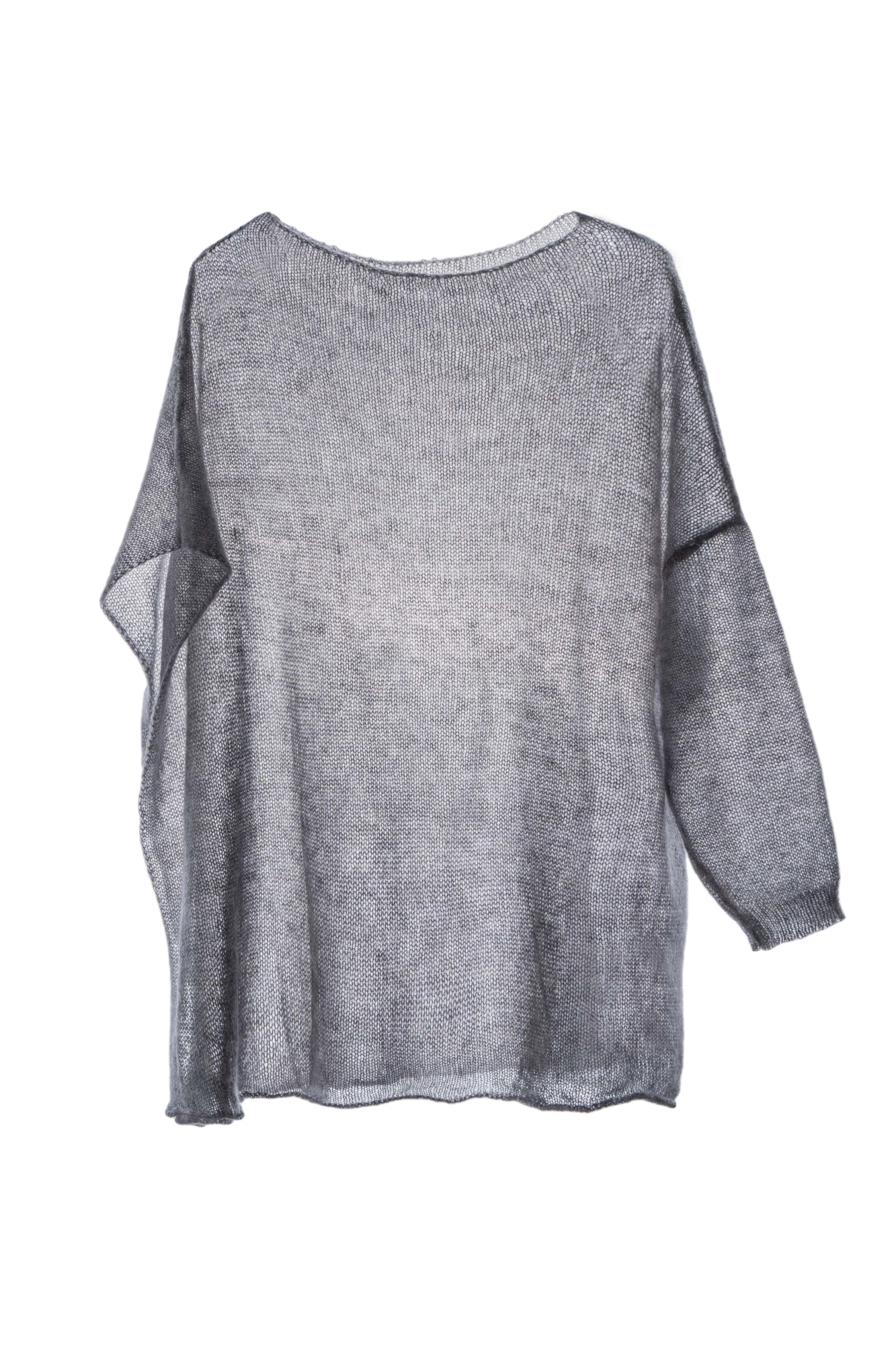 Полупрозрачный трикотажный джемпер из шерсти с добавлением мохера. Модель асимметричного силуэта с одним длинным рукавом и круглым вырезом горловины.