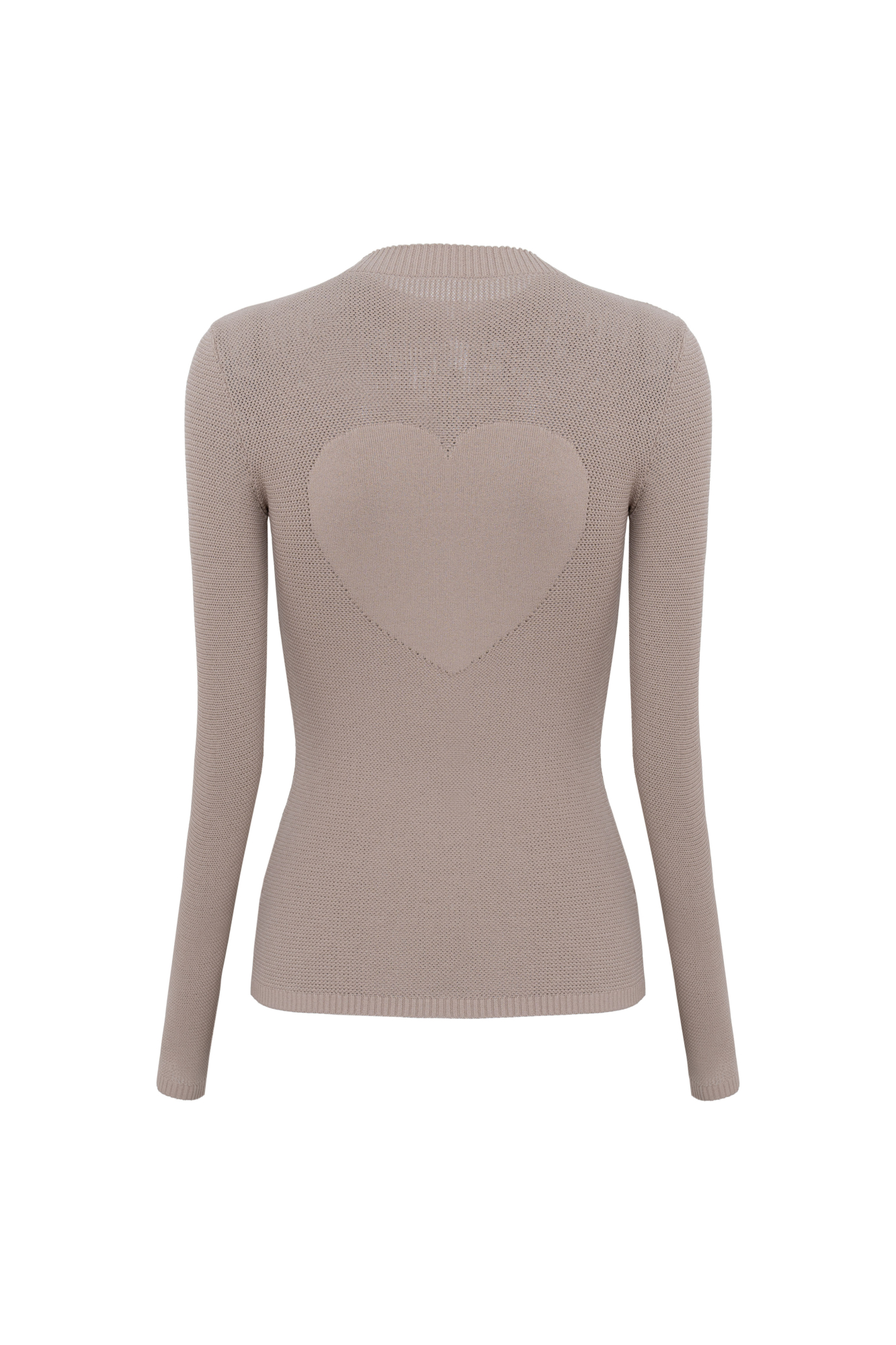 Трикотажный лонгслив с орнаментов в виде большого сердца на спине. Модель по фигуре выполнена ажурным переплетением с имитацией "сетки". 