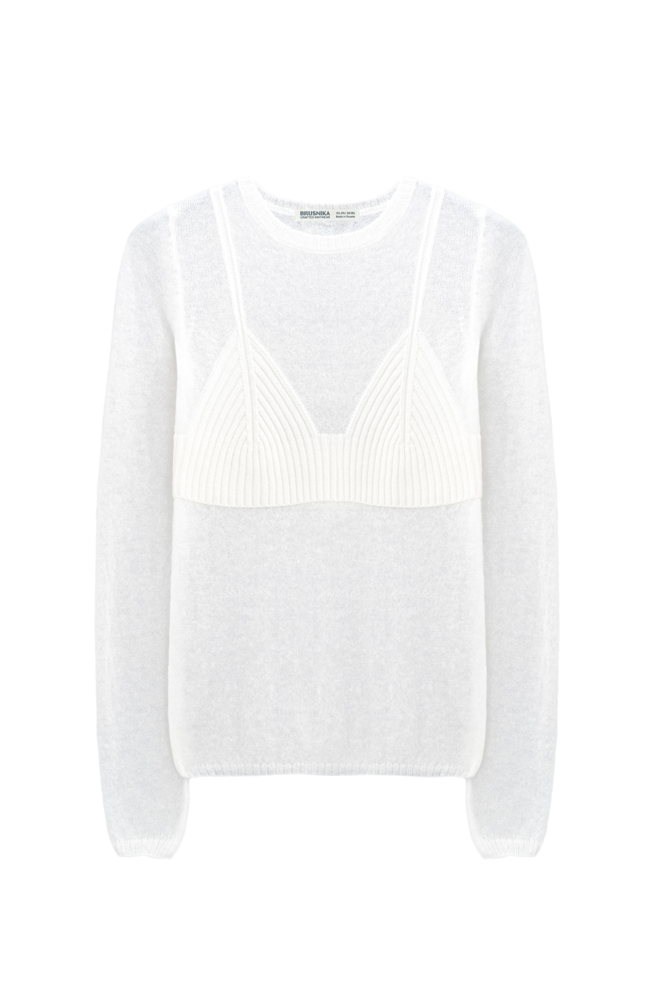 Тонкий трикотажный джемпер из шерсти мериноса экстрафайн и альпака суперфайн. Модель по фигуре с круглым вырезом горловины и длинными рукавами. Изделие декорировано акцентной деталью в рубчик, имитирующей форму бюстье на тонких бретельках. 