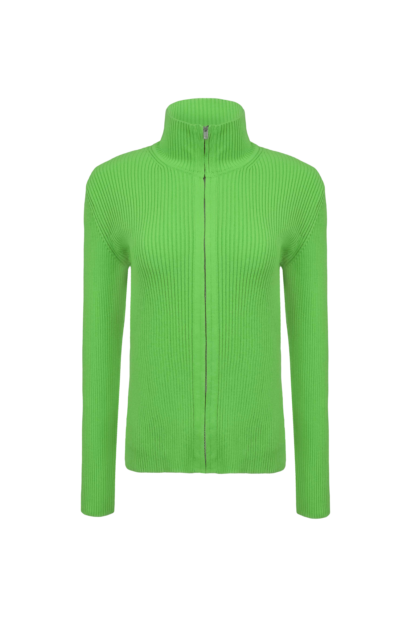 Трикотажный кардиган из 100% хлопка в рубчик. Воротник-стойка, застежка на молнию.