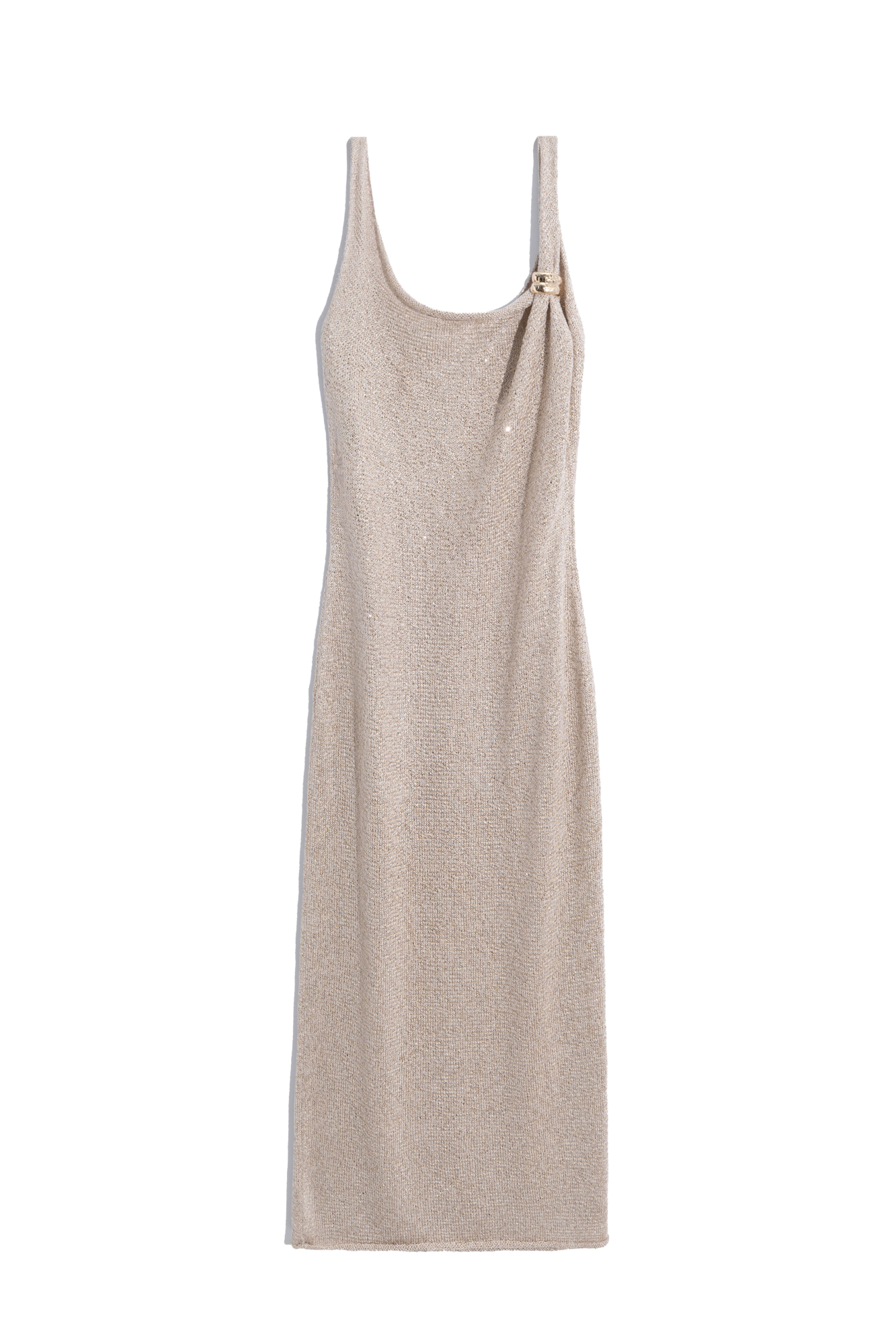 Трикотажное платье длины макси из хлопка с пайетками. Модель приталенного силуэта на бретельках и асимметричным вырезом декольте.