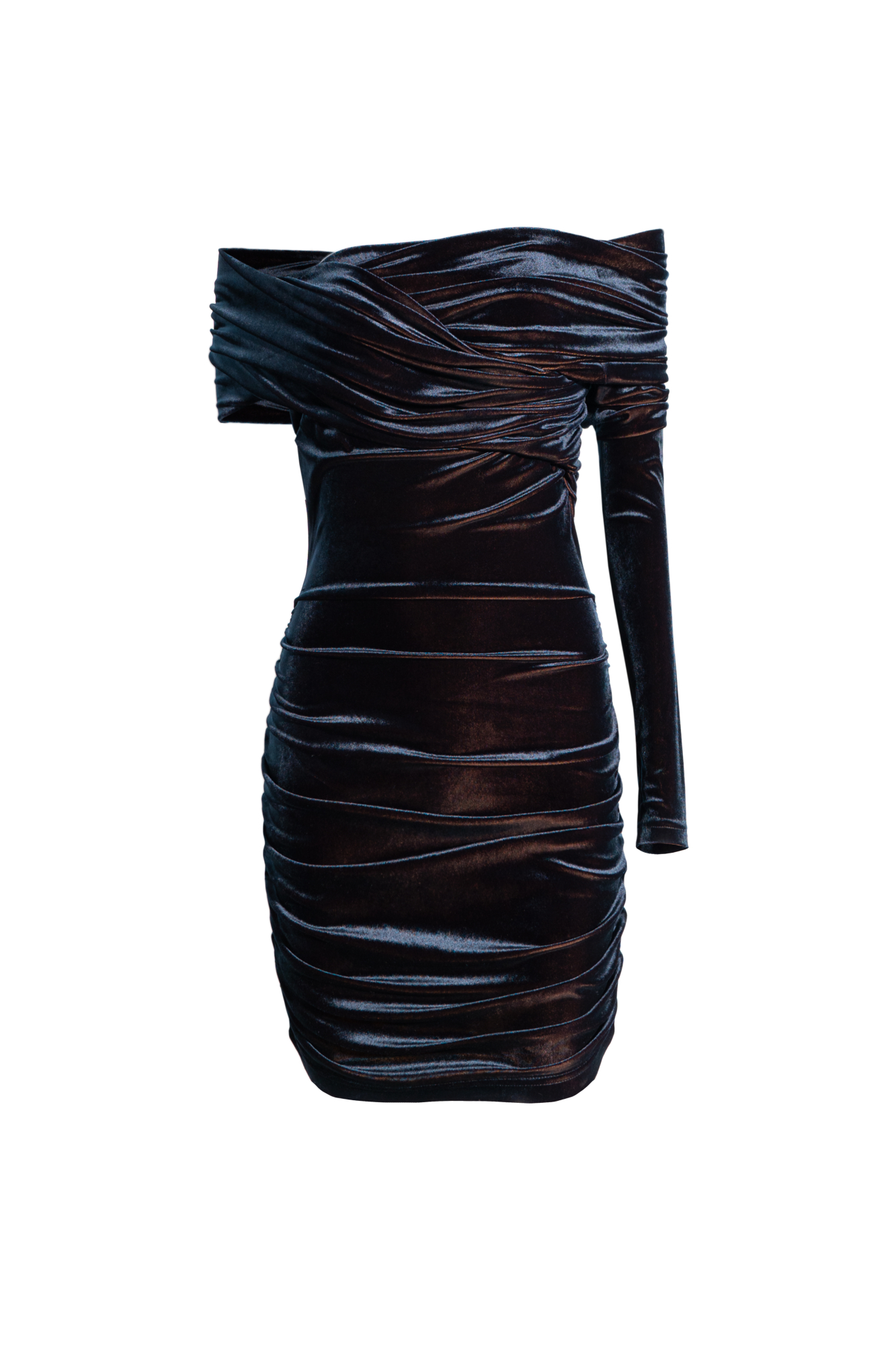 Платье из велюра длины мини. Модель приталенного силуэта с открытой линией плеч и одним рукавом. Изделие декорировано драпировкой. Благодаря необычной текстуре ткани достигается эффект перелива цвета.