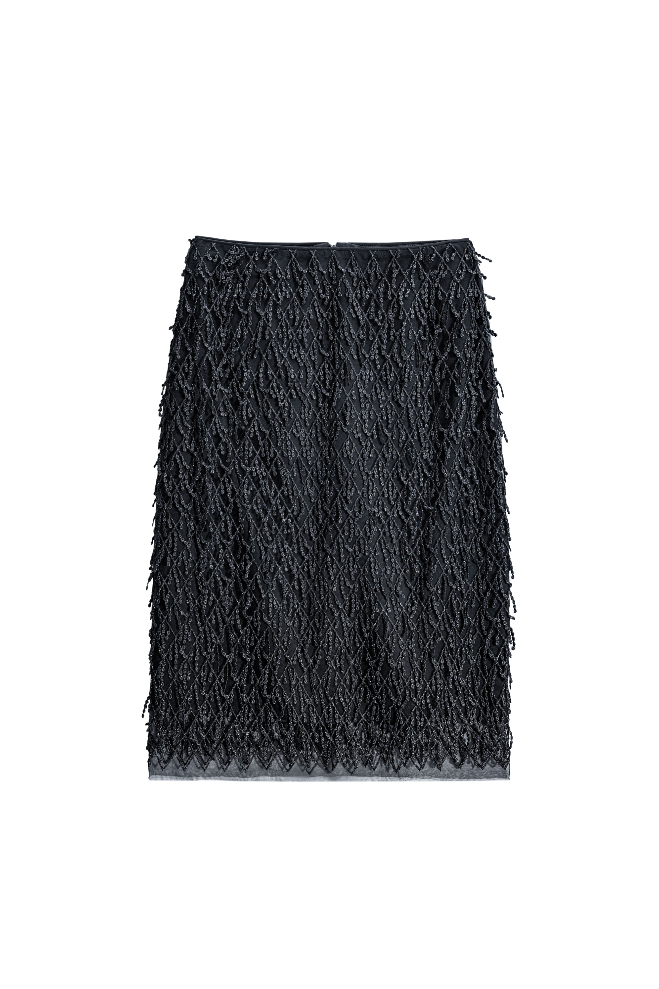 Юбка длины миди с объемным геометрическим дизайном и бахромой. Застежка на молнию сзади. Изделие выполнено на подкладке.